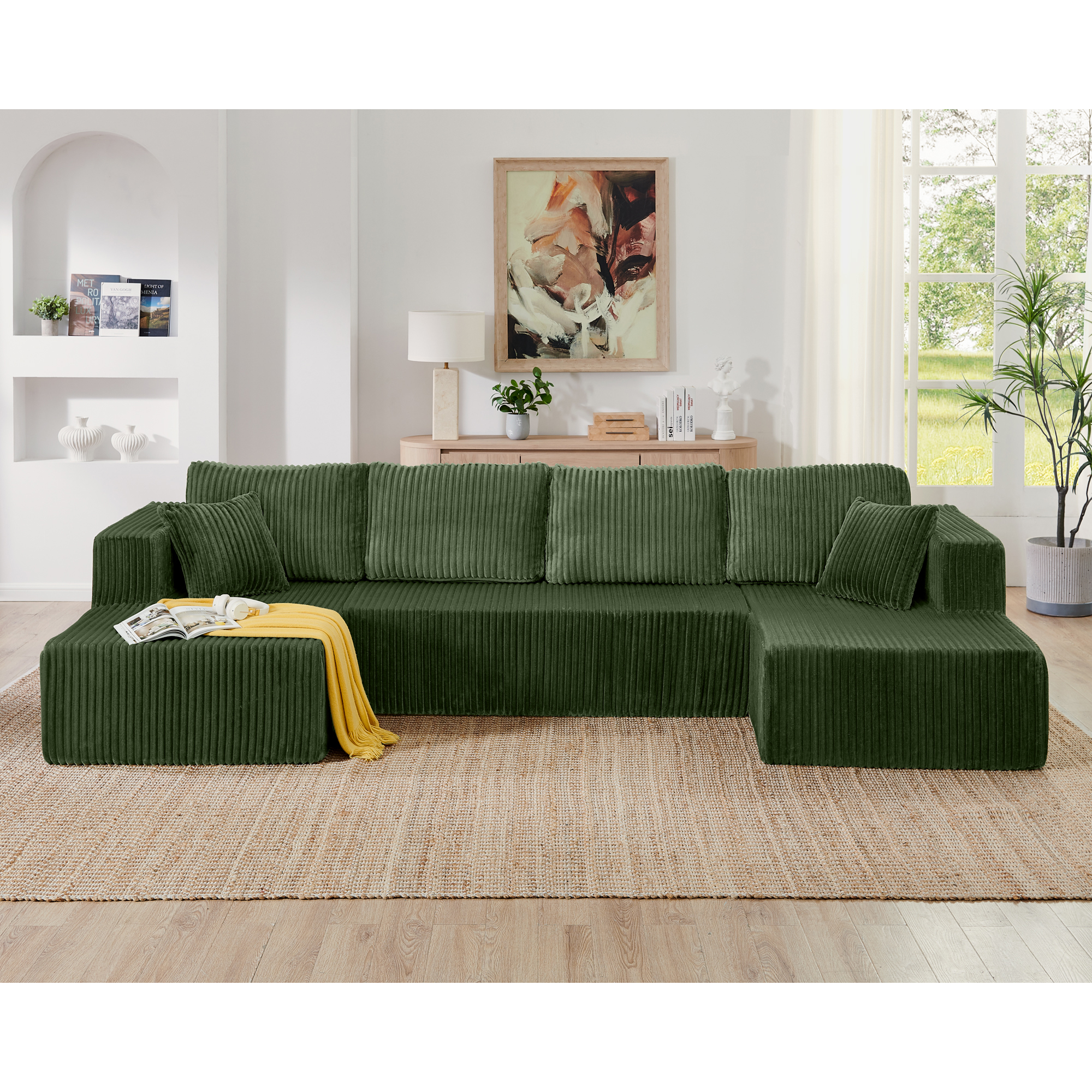 U shape Modular Sectional Sofa, Compressed Sectional Sofa Modern Minimalist Style Corduroy Couch, Sleeper Sofa for Living Room, Bedroom, Comfy Compressed Sofa Couch Space-Efficient Design-green - Image 3