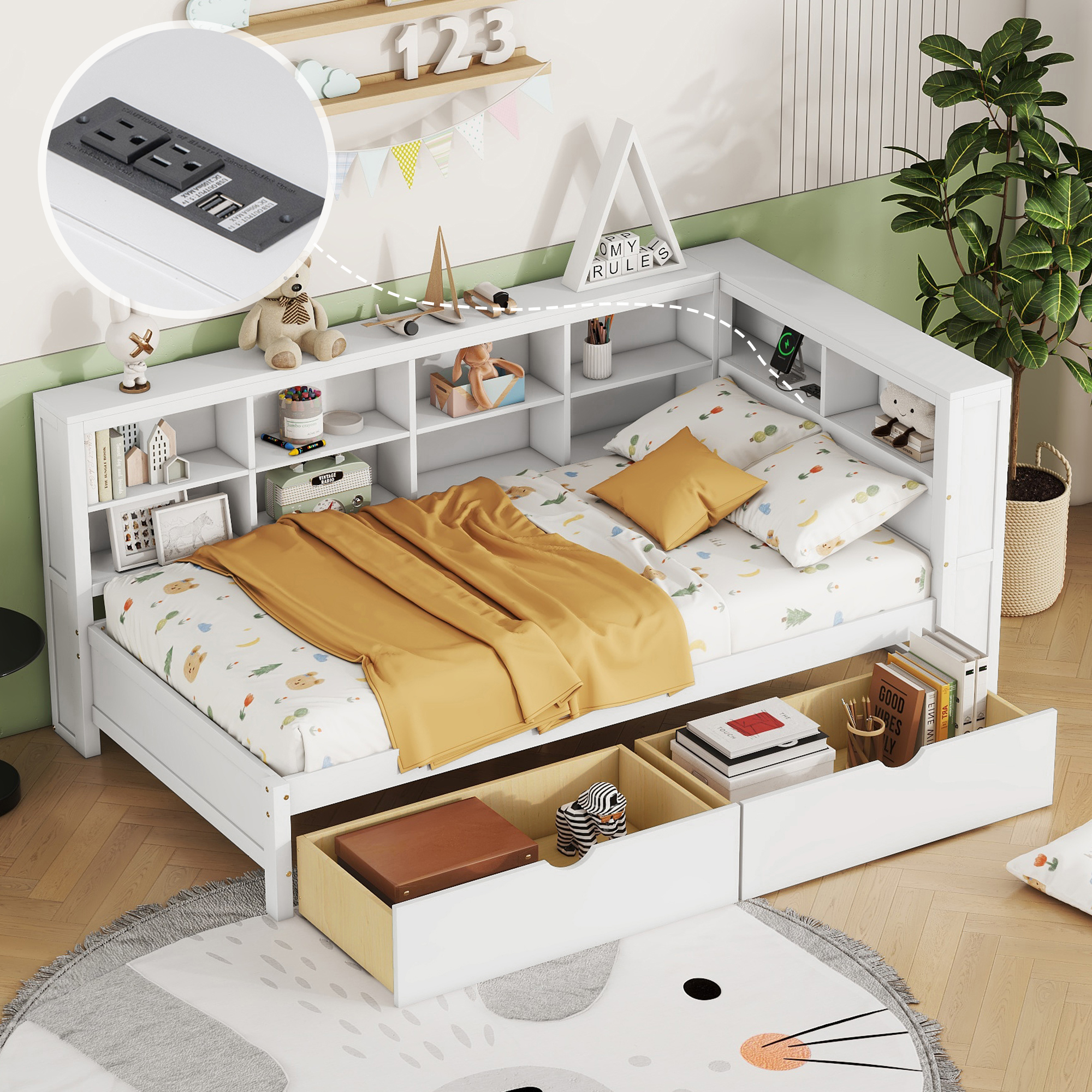 Wooden Twin Size DayBed with 2 Drawers, DayBed with Storage Shelf and USB Charging Ports,White(OLD SKU: N733S170510K)