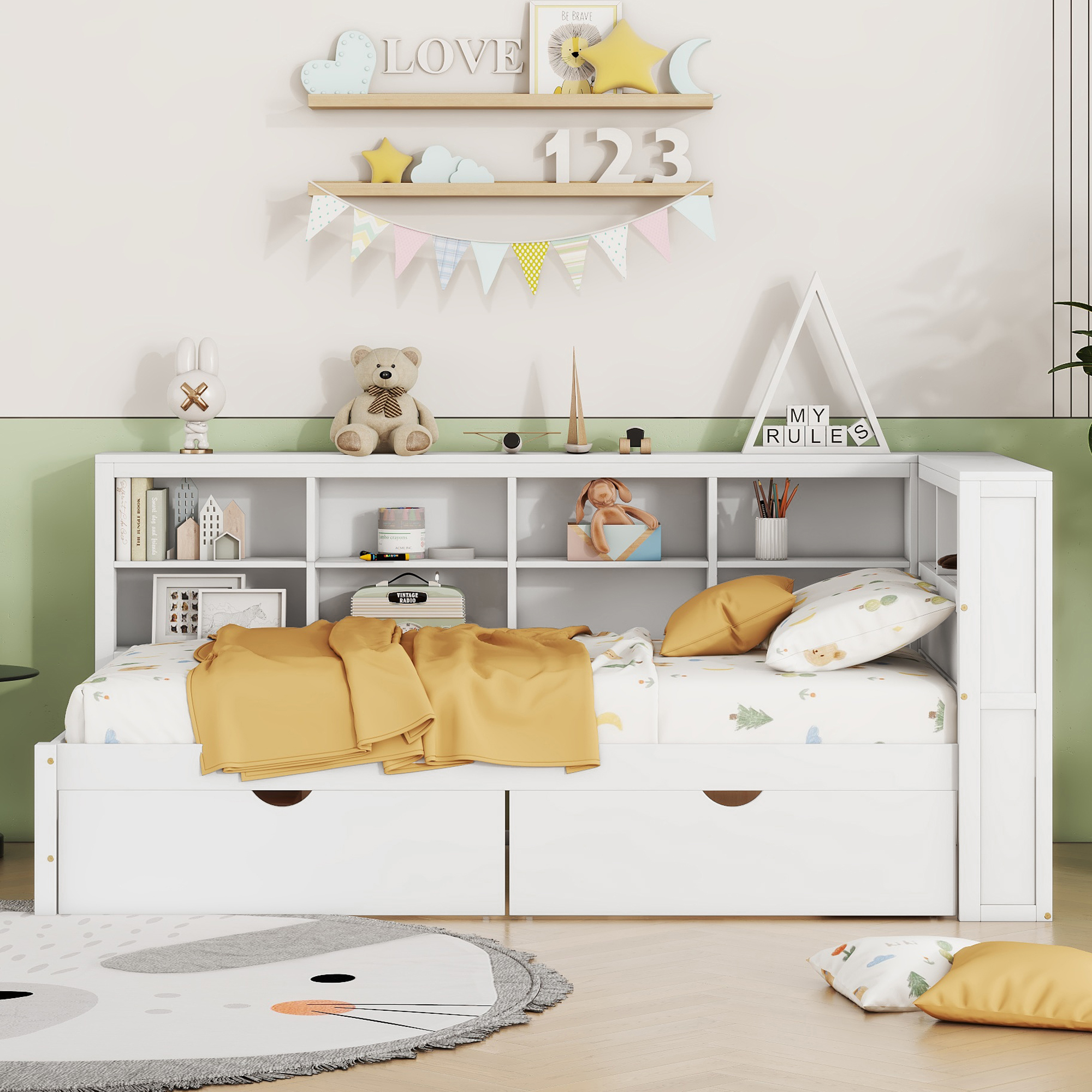 Wooden Twin Size DayBed with 2 Drawers, DayBed with Storage Shelf and USB Charging Ports,White(OLD SKU: N733S170510K) - Image 2
