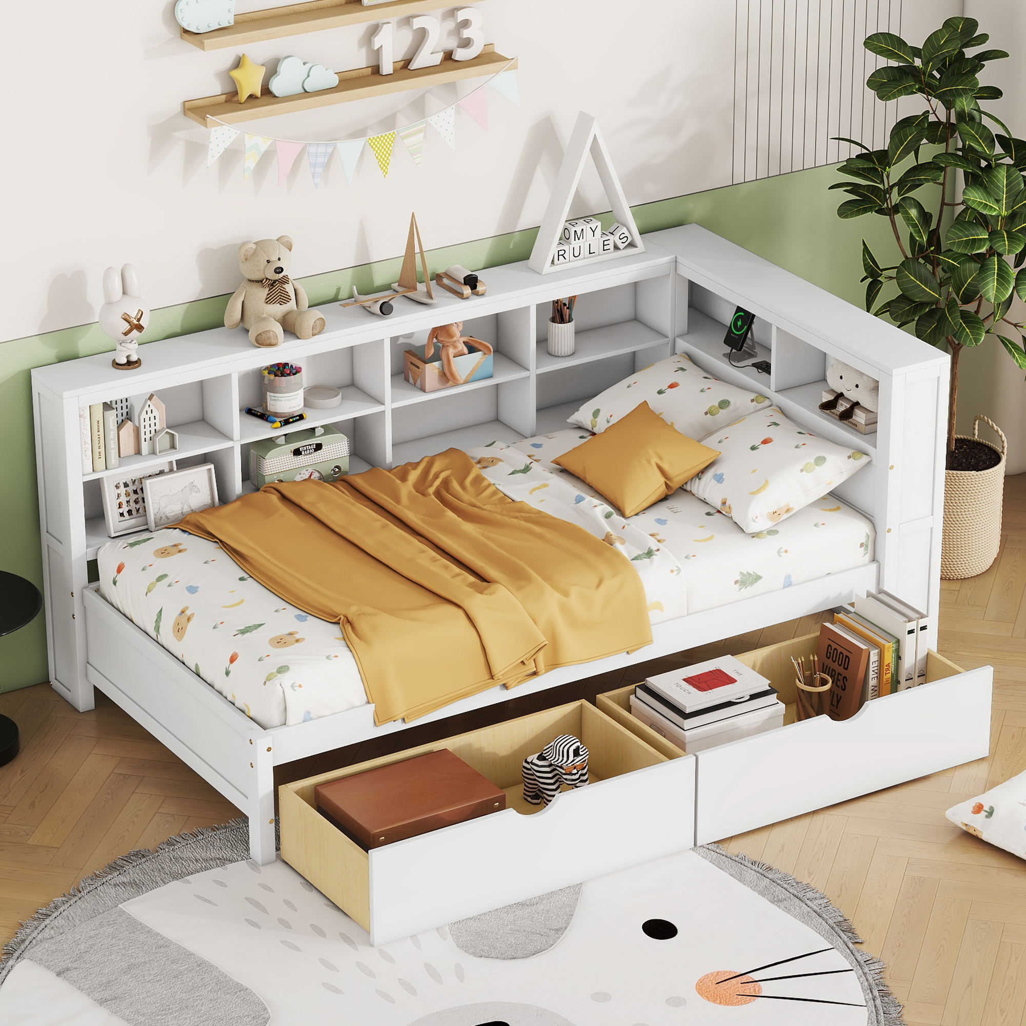 Wooden Twin Size DayBed with 2 Drawers, DayBed with Storage Shelf and USB Charging Ports,White(OLD SKU: N733S170510K) - Image 3
