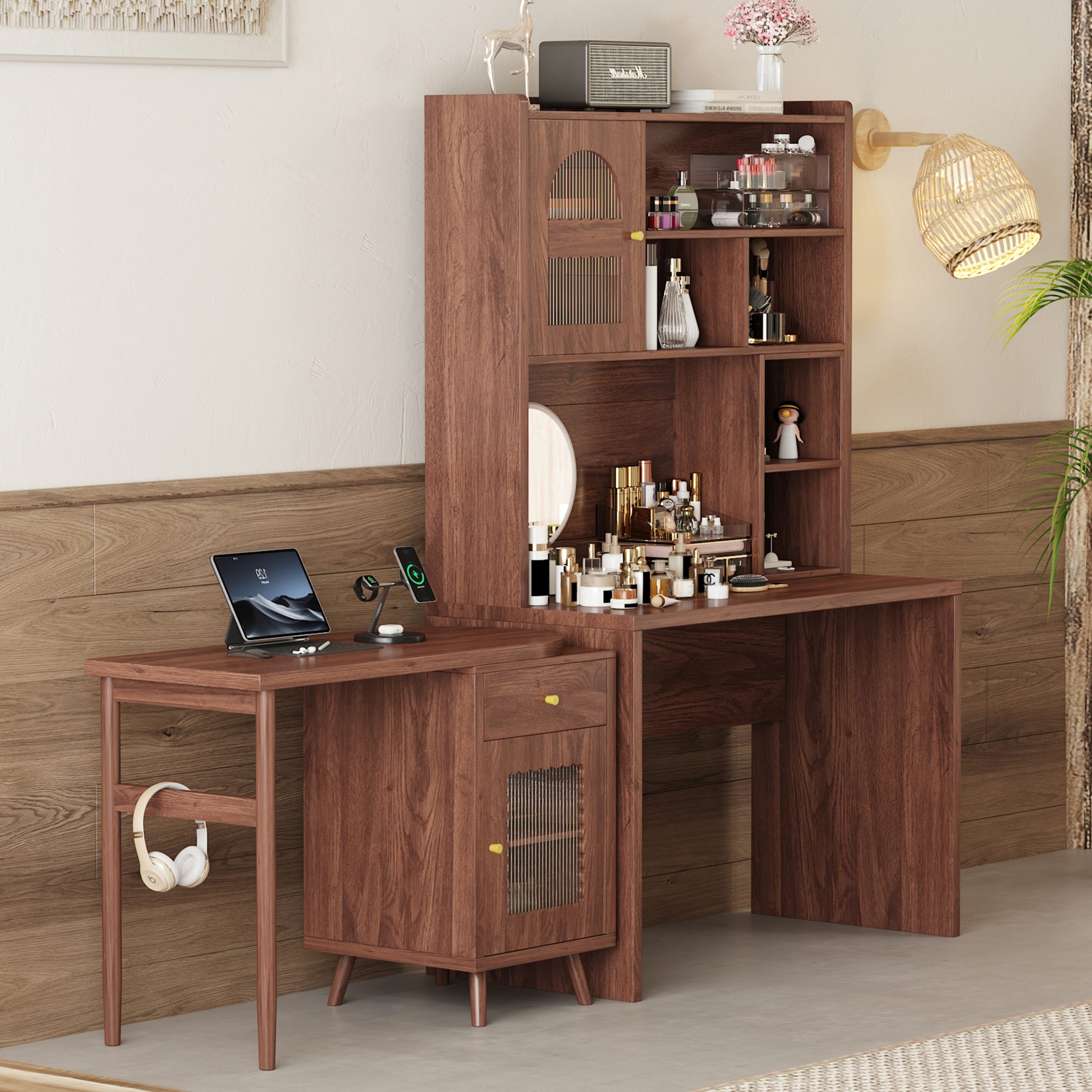 Computer Desk with 90 Degree Rotating Desktop, 43x70 Inch Office Desk with Storage Drawer and Cabinets, Gaming Desk with Shelves, Writing Desk for Study, Work Desk for Home (Old SKU:N733P279101D) - Image 3