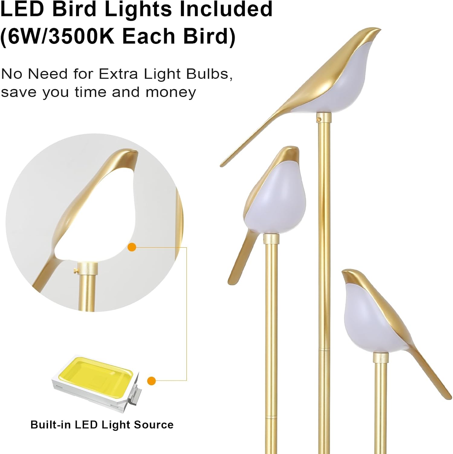 Gold Floor Lamps for Living Room, Modern Floor Lamp with Shelves, Mid Century Standing Lamp with 3 Adjustable LED Bird Lights - Image 2