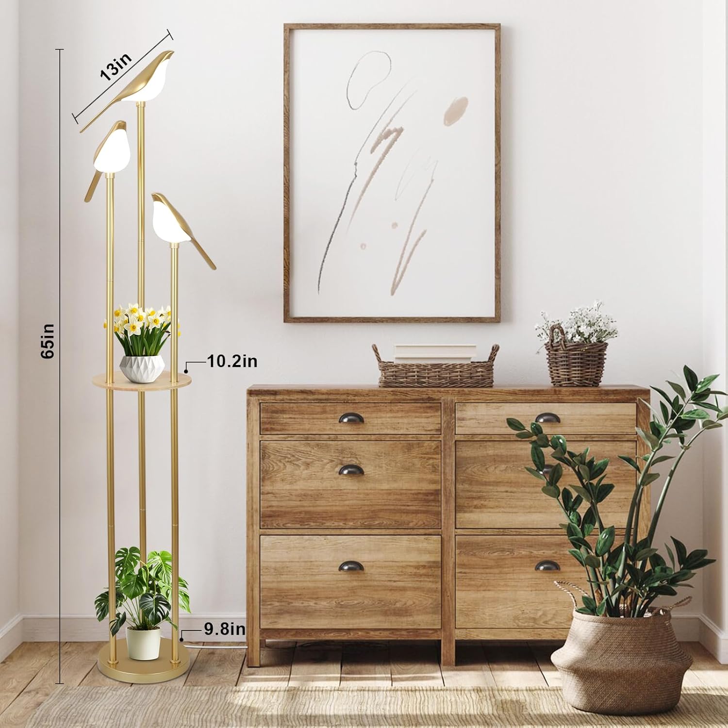 Gold Floor Lamps for Living Room, Modern Floor Lamp with Shelves, Mid Century Standing Lamp with 3 Adjustable LED Bird Lights - Image 4