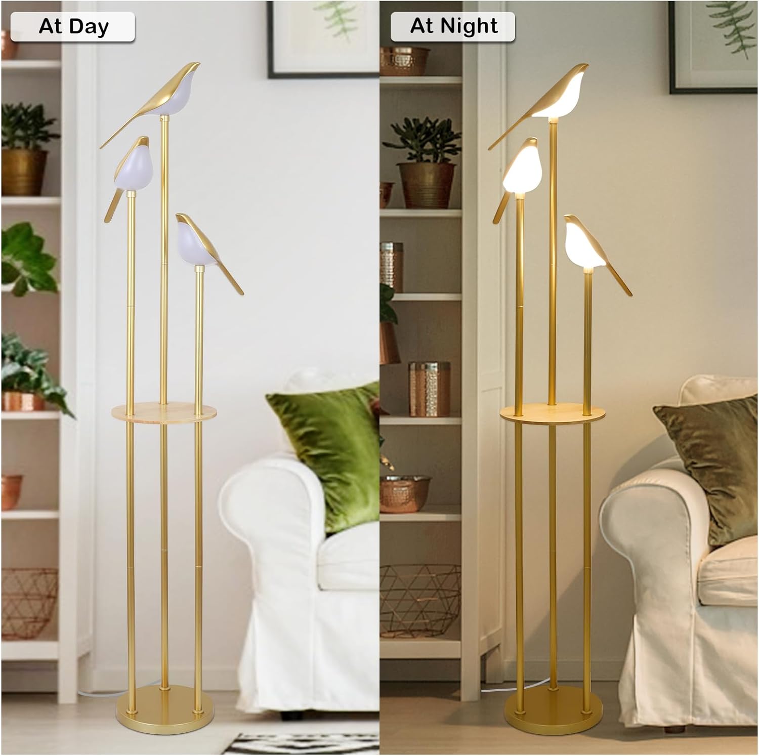 Gold Floor Lamps for Living Room, Modern Floor Lamp with Shelves, Mid Century Standing Lamp with 3 Adjustable LED Bird Lights - Image 5
