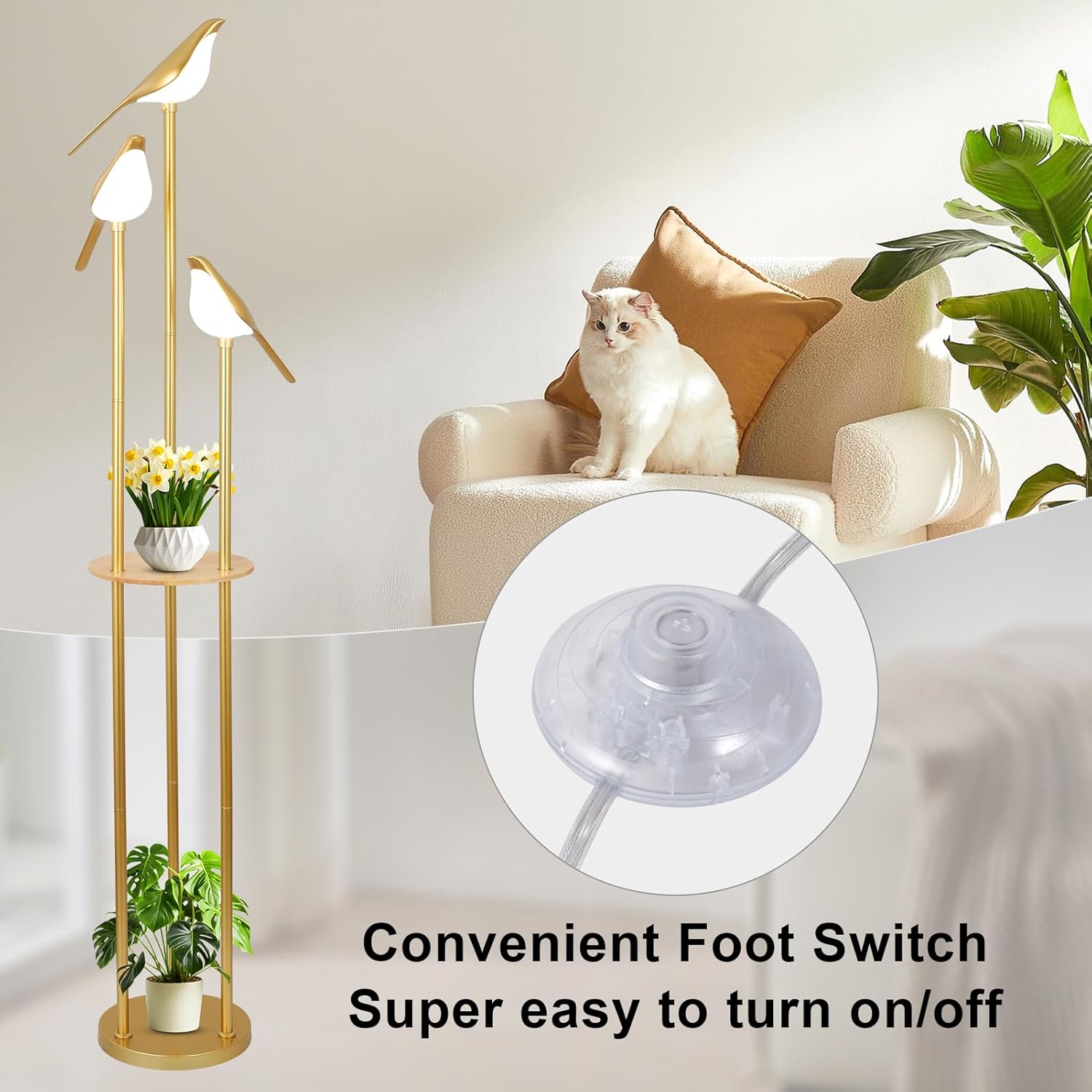 Gold Floor Lamps for Living Room, Modern Floor Lamp with Shelves, Mid Century Standing Lamp with 3 Adjustable LED Bird Lights - Image 6