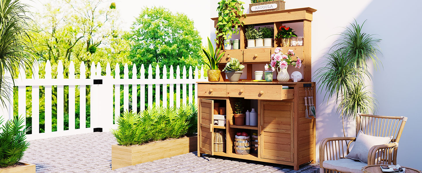 [Assembly Video Provided] TOPMAX 65.7'' H Tall Garden Potting Bench Table with Hutch,Patio Storage Workstation with 3 Shelves,6 Drawers,2 Bottom Cabinets&Side Hooks for Mudroom,Doorway, Natural - Image 2