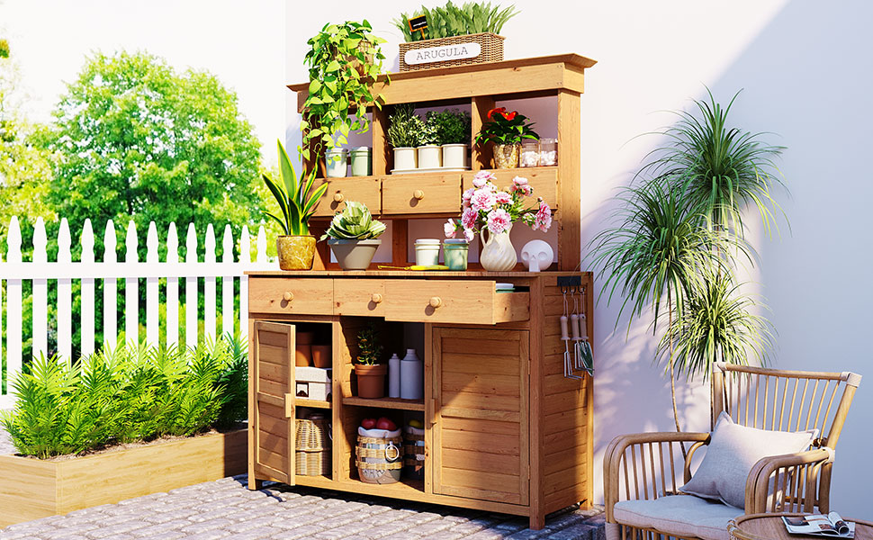 [Assembly Video Provided] TOPMAX 65.7'' H Tall Garden Potting Bench Table with Hutch,Patio Storage Workstation with 3 Shelves,6 Drawers,2 Bottom Cabinets&Side Hooks for Mudroom,Doorway, Natural - Image 3