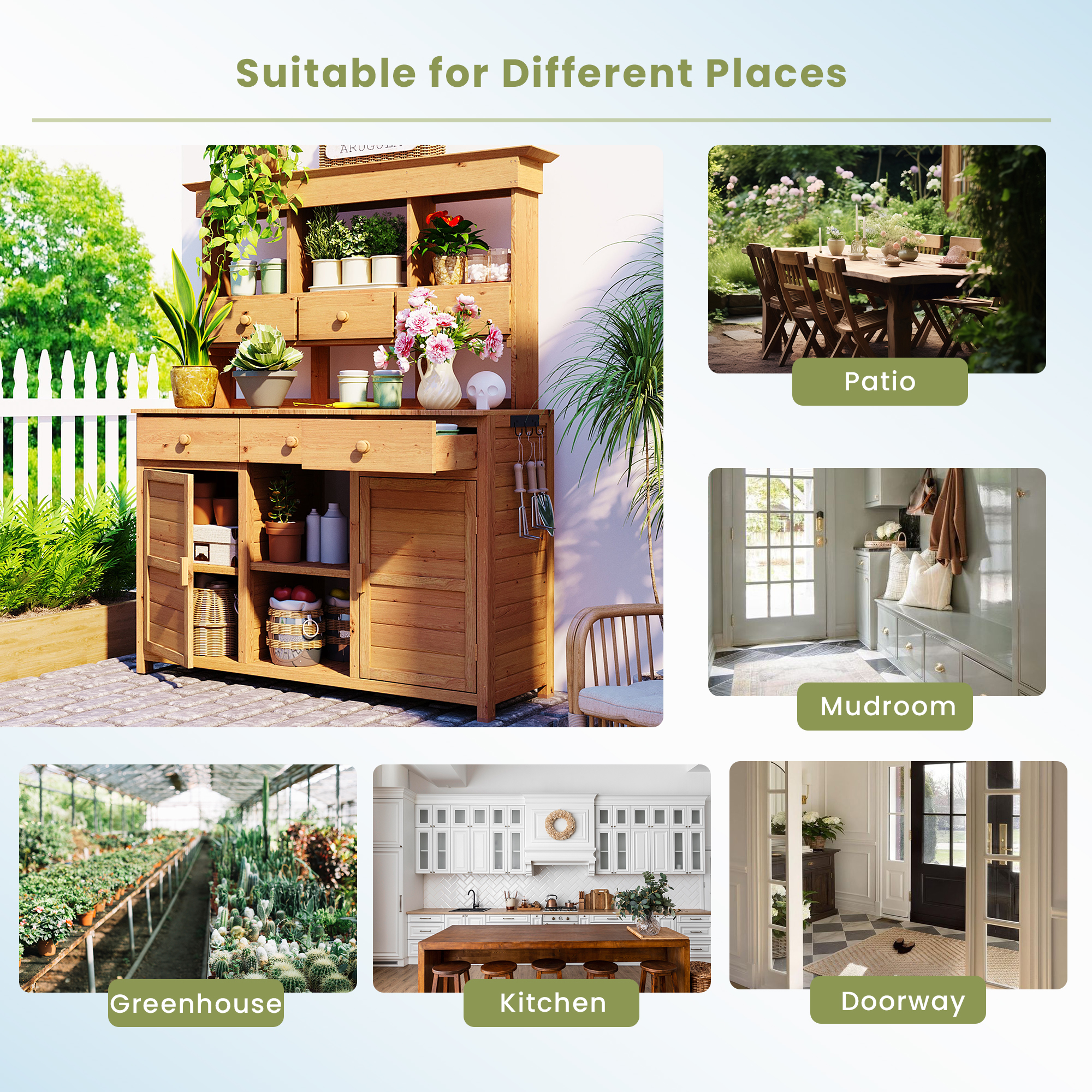 [Assembly Video Provided] TOPMAX 65.7'' H Tall Garden Potting Bench Table with Hutch,Patio Storage Workstation with 3 Shelves,6 Drawers,2 Bottom Cabinets&Side Hooks for Mudroom,Doorway, Natural - Image 4