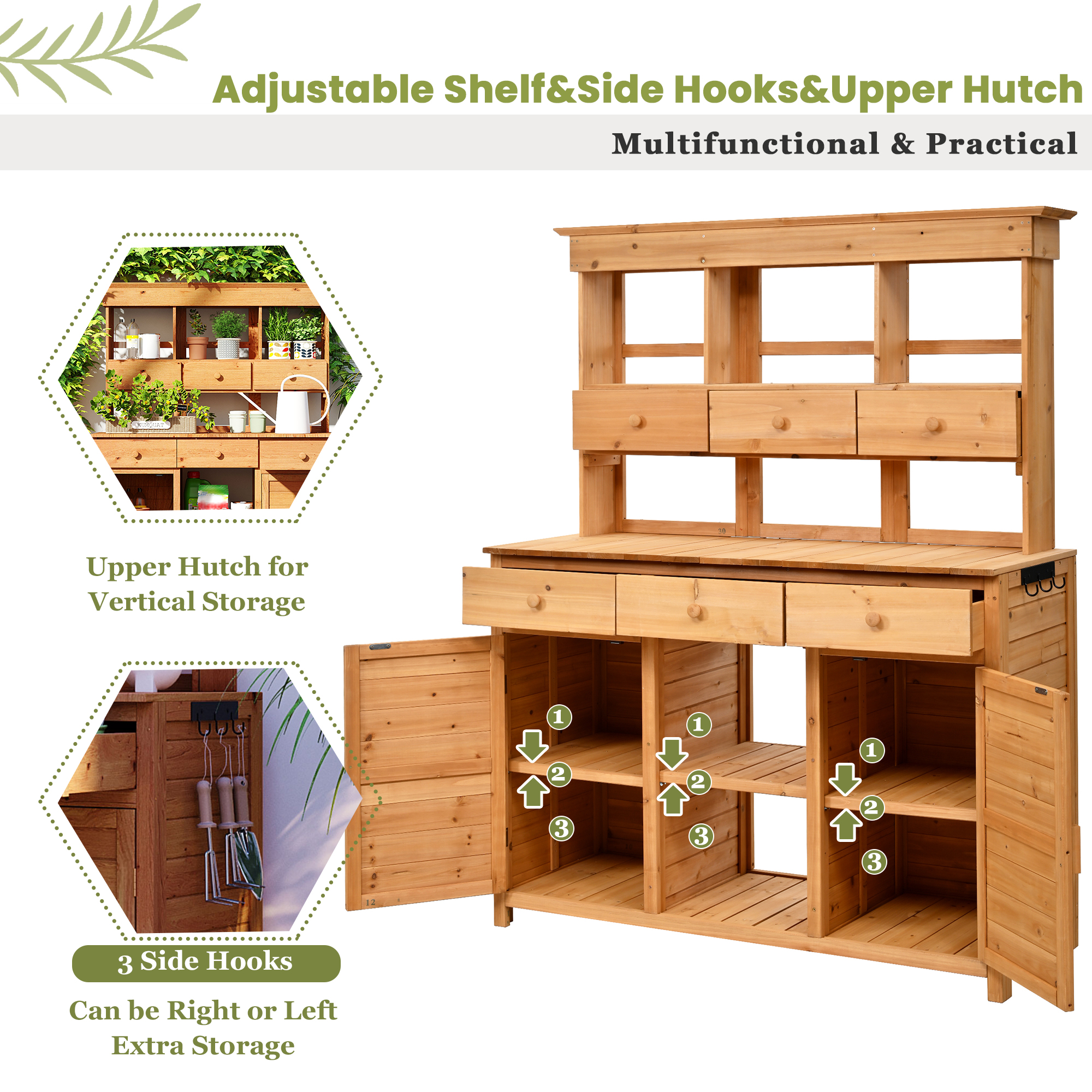 [Assembly Video Provided] TOPMAX 65.7'' H Tall Garden Potting Bench Table with Hutch,Patio Storage Workstation with 3 Shelves,6 Drawers,2 Bottom Cabinets&Side Hooks for Mudroom,Doorway, Natural - Image 5