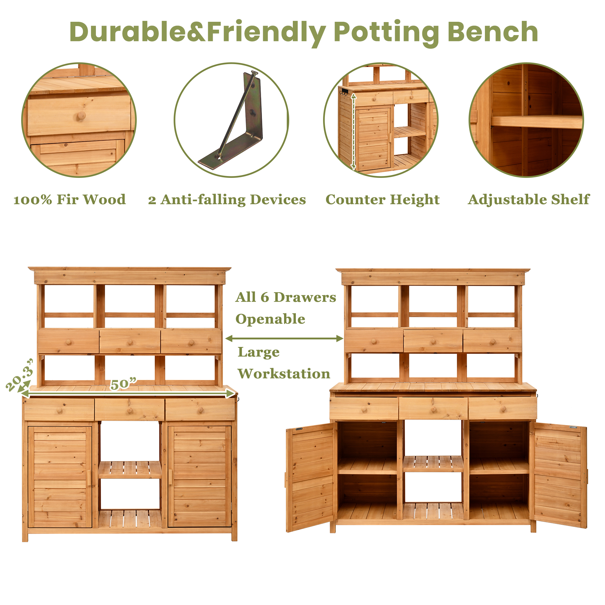 [Assembly Video Provided] TOPMAX 65.7'' H Tall Garden Potting Bench Table with Hutch,Patio Storage Workstation with 3 Shelves,6 Drawers,2 Bottom Cabinets&Side Hooks for Mudroom,Doorway, Natural - Image 6