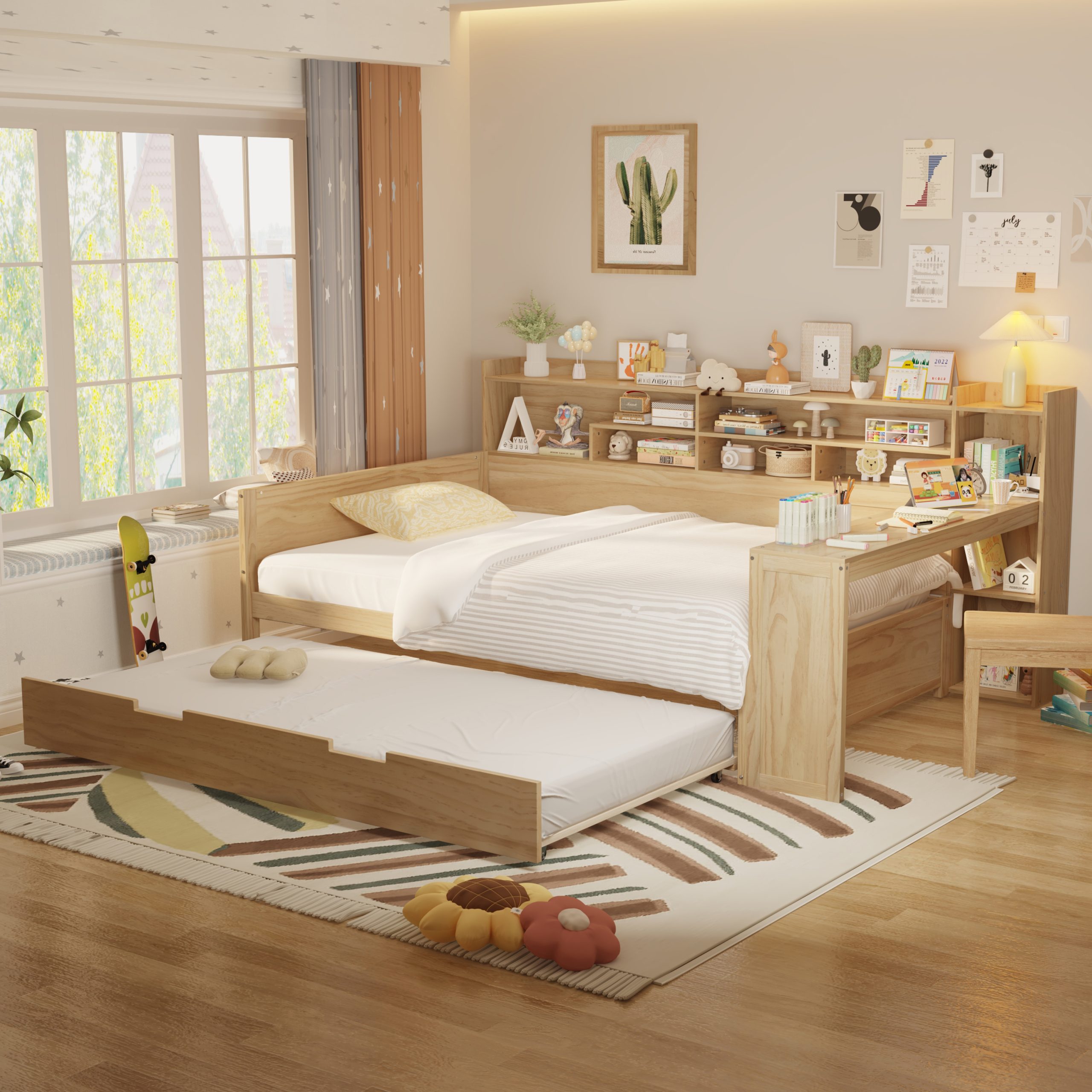 Wooden Full Size Daybed with Storage Shelves, Multi-functional Bed with Twin Size Trundle Bed and Study Desk, Natural(Old SKU:N733S242277M)