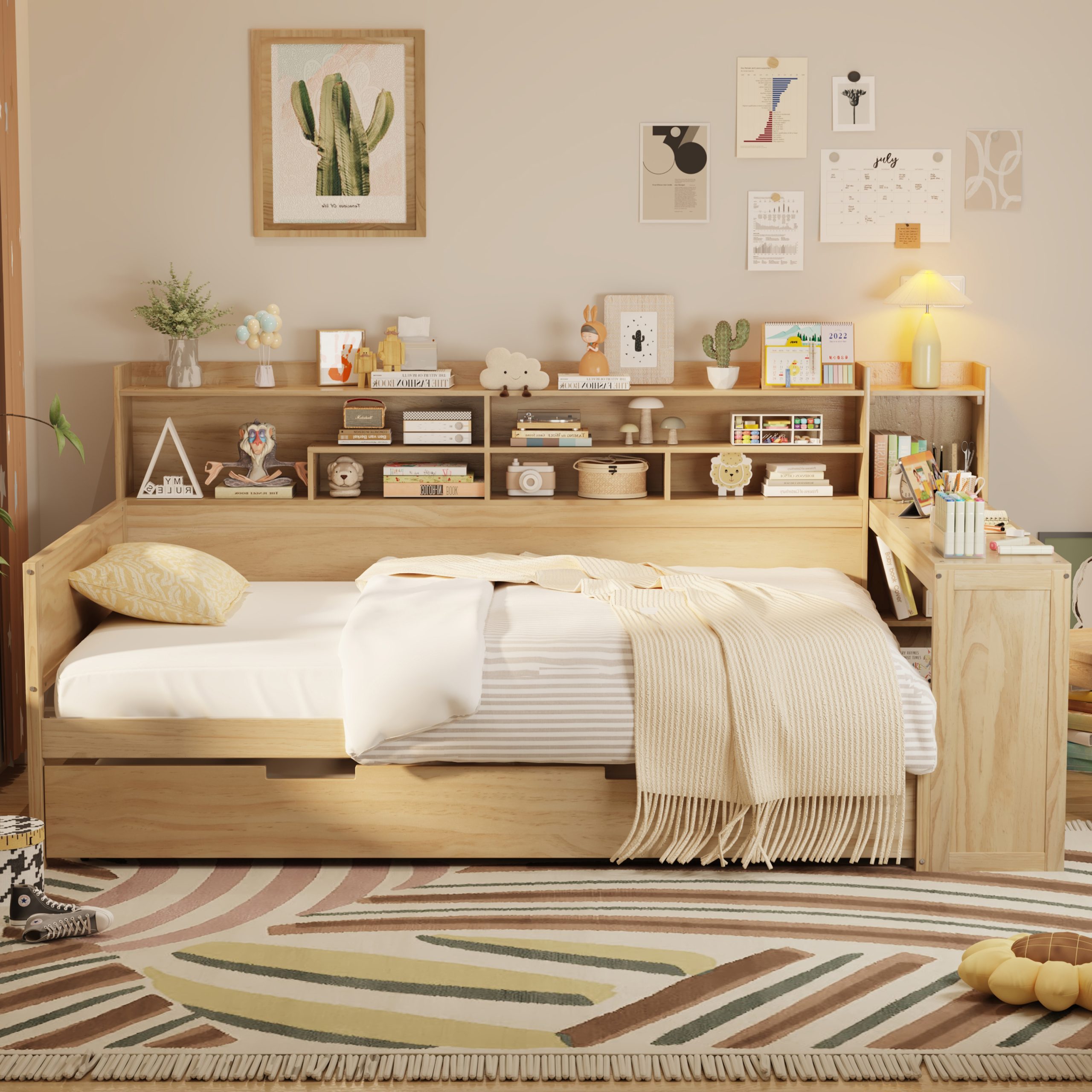 Wooden Full Size Daybed with Storage Shelves, Multi-functional Bed with Twin Size Trundle Bed and Study Desk, Natural(Old SKU:N733S242277M) - Image 2