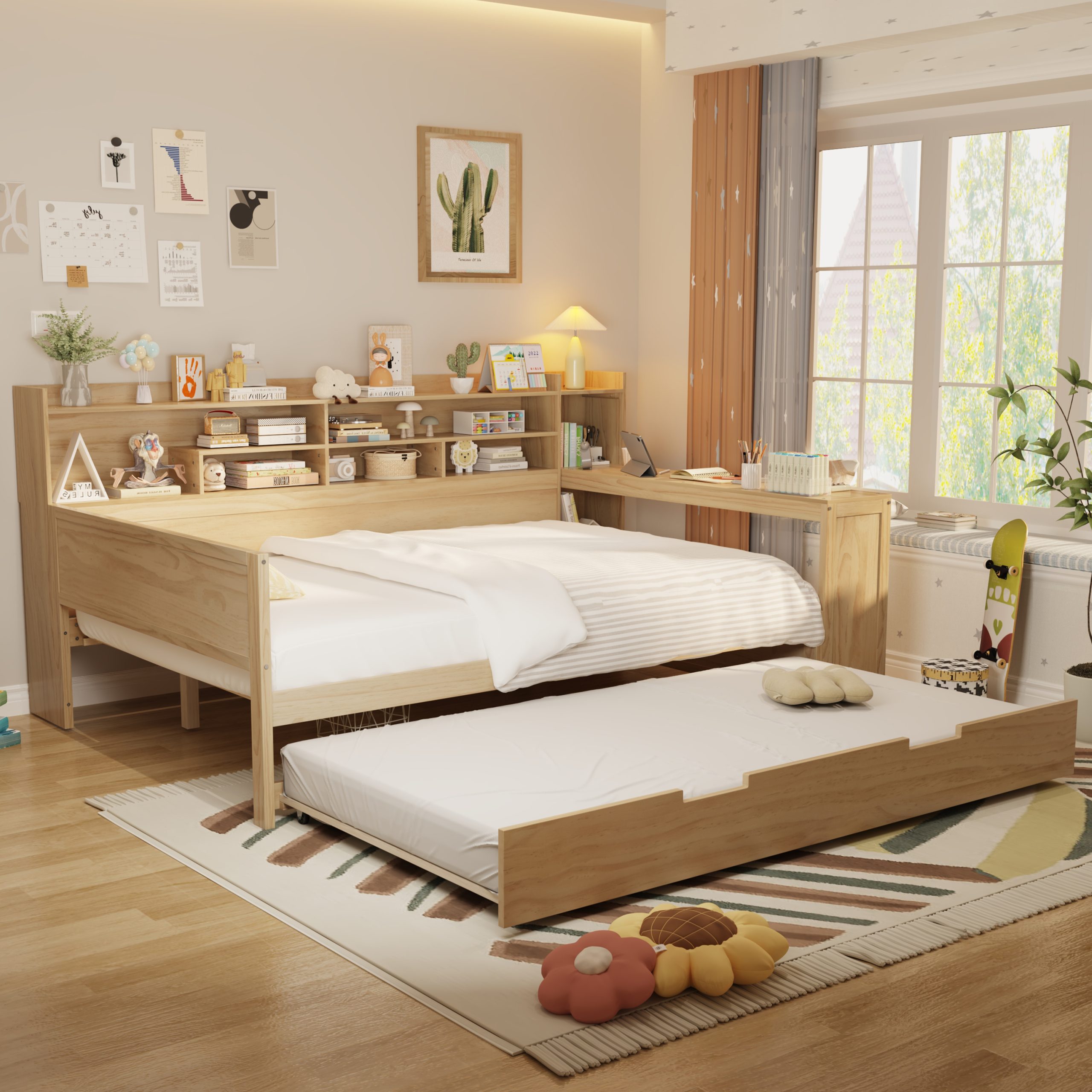 Wooden Full Size Daybed with Storage Shelves, Multi-functional Bed with Twin Size Trundle Bed and Study Desk, Natural(Old SKU:N733S242277M) - Image 3