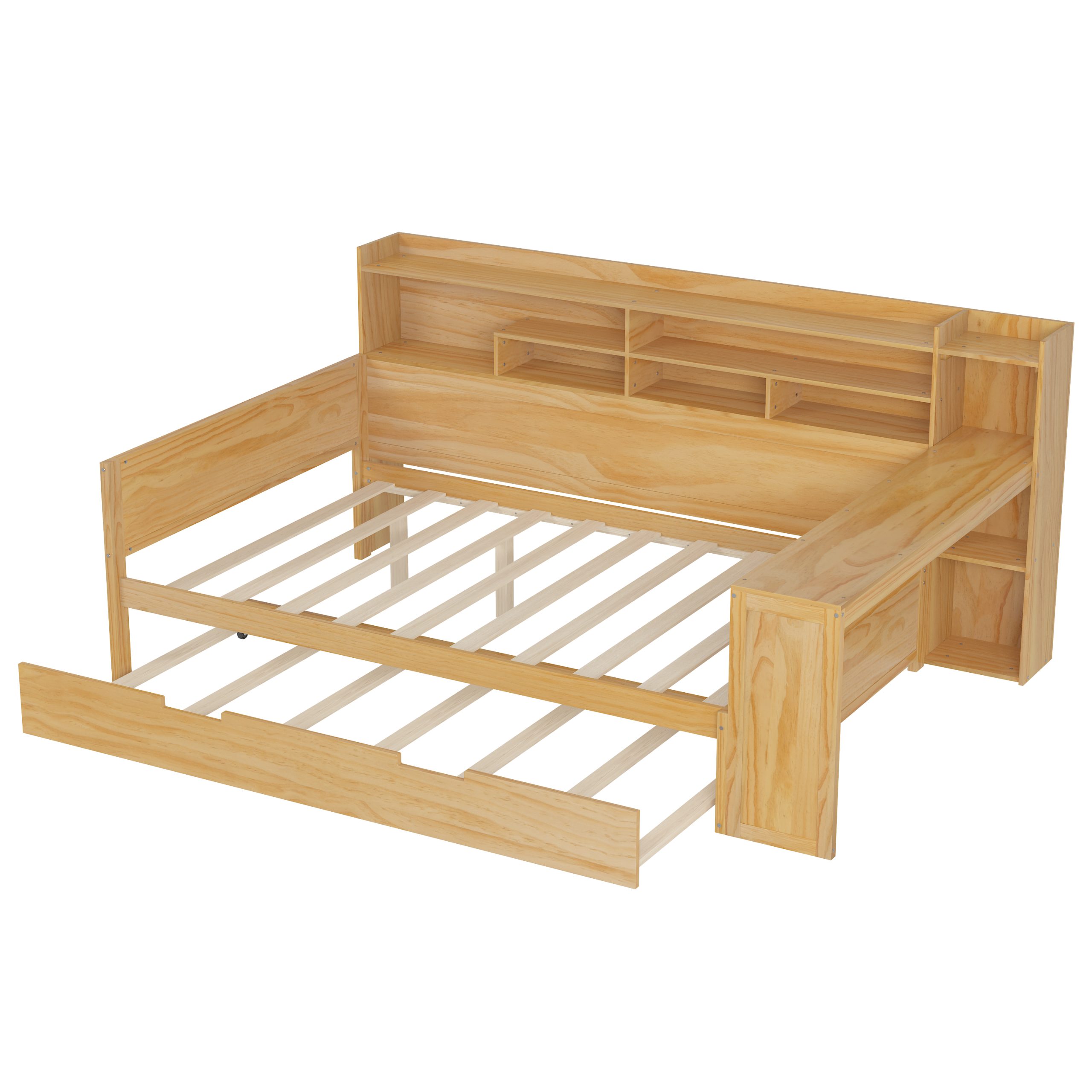 Wooden Full Size Daybed with Storage Shelves, Multi-functional Bed with Twin Size Trundle Bed and Study Desk, Natural(Old SKU:N733S242277M) - Image 4