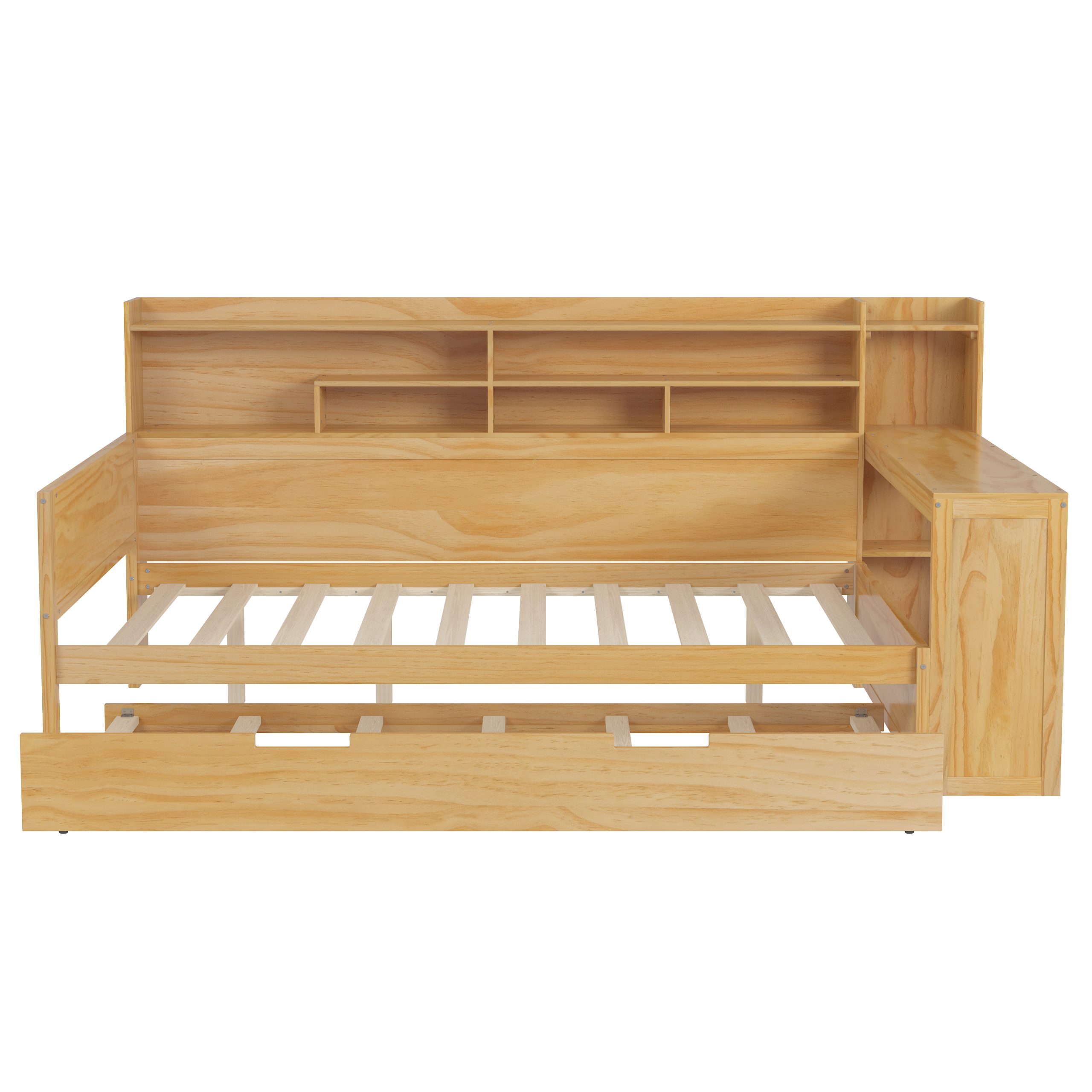 Wooden Full Size Daybed with Storage Shelves, Multi-functional Bed with Twin Size Trundle Bed and Study Desk, Natural(Old SKU:N733S242277M) - Image 5