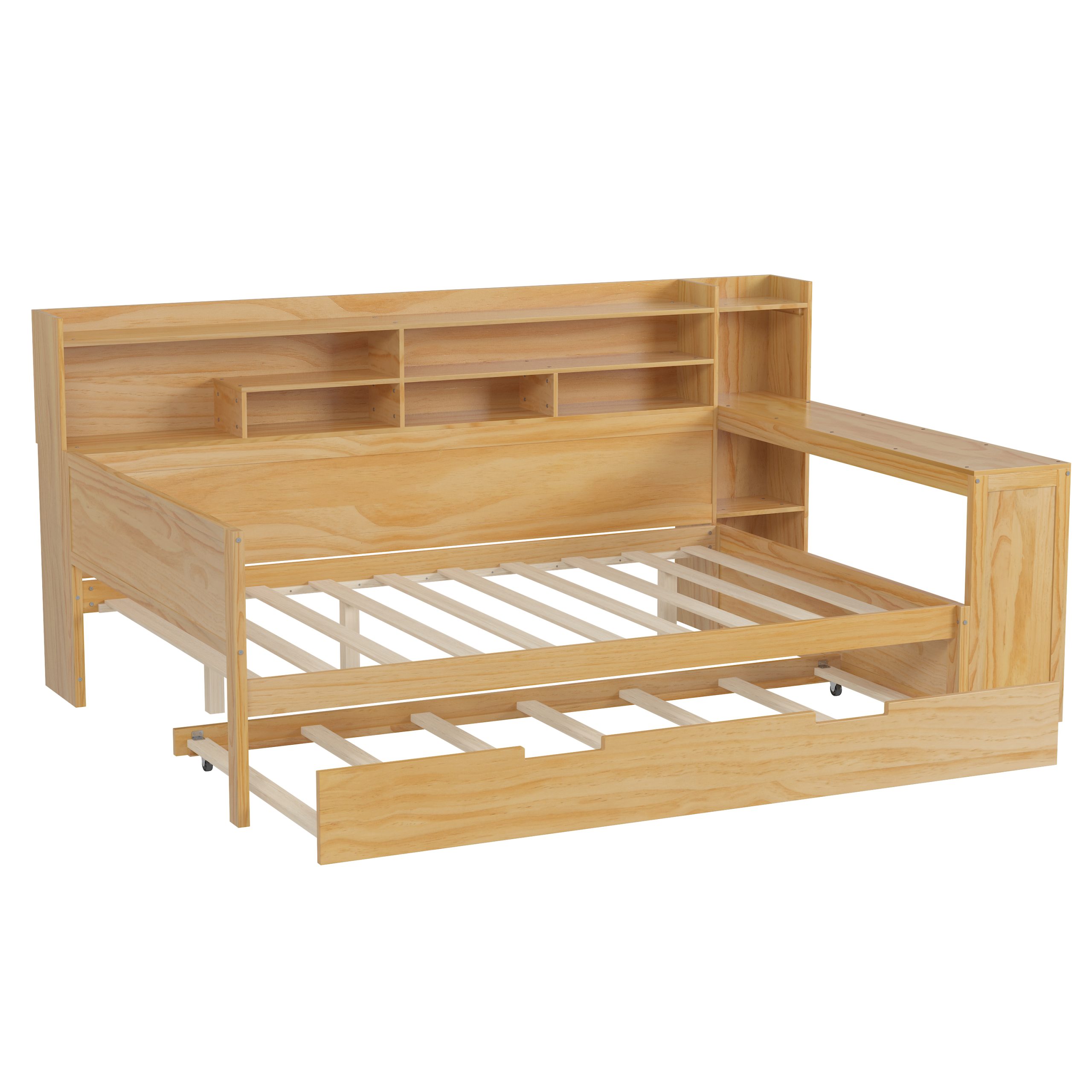Wooden Full Size Daybed with Storage Shelves, Multi-functional Bed with Twin Size Trundle Bed and Study Desk, Natural(Old SKU:N733S242277M) - Image 6
