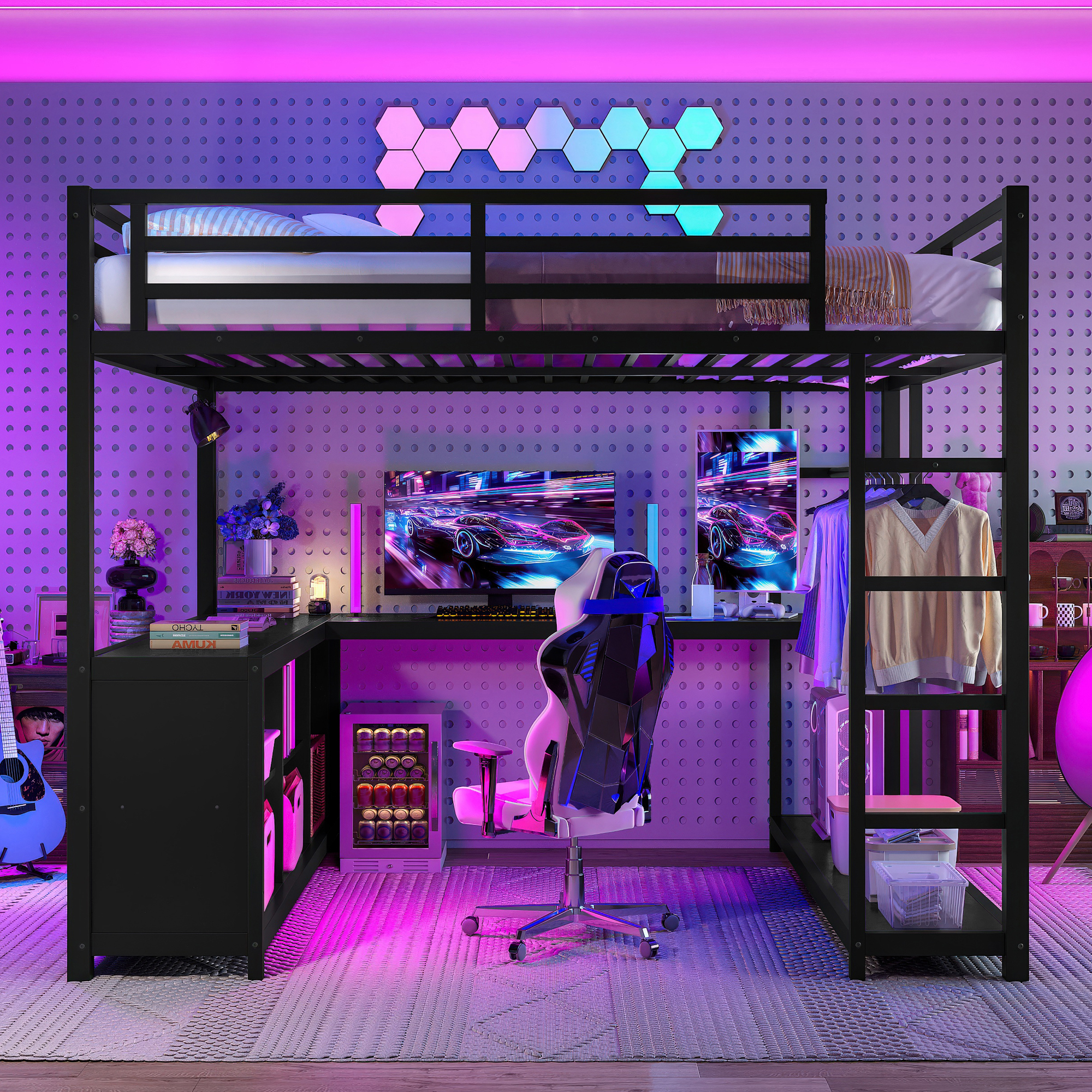 Metal Loft Bed with Wardrobe and L-shaped Desk, Queen Size Loft Bed with Storage Cubes and Shelves, Loft Bed for Kids Teens Adults, Black - Image 2