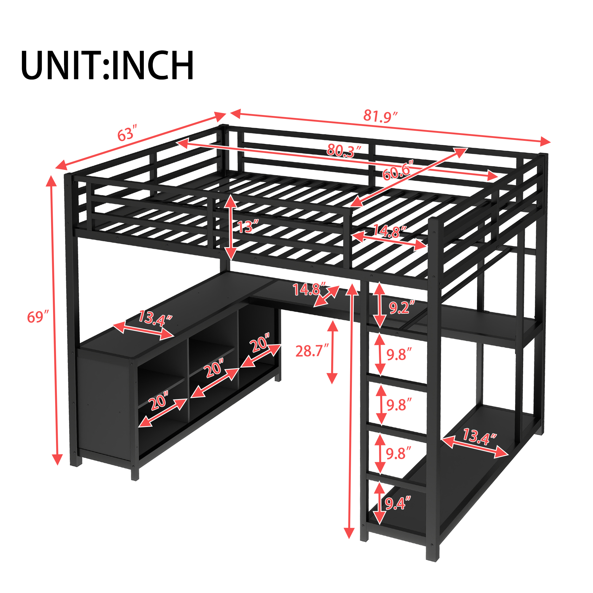 Metal Loft Bed with Wardrobe and L-shaped Desk, Queen Size Loft Bed with Storage Cubes and Shelves, Loft Bed for Kids Teens Adults, Black - Image 3