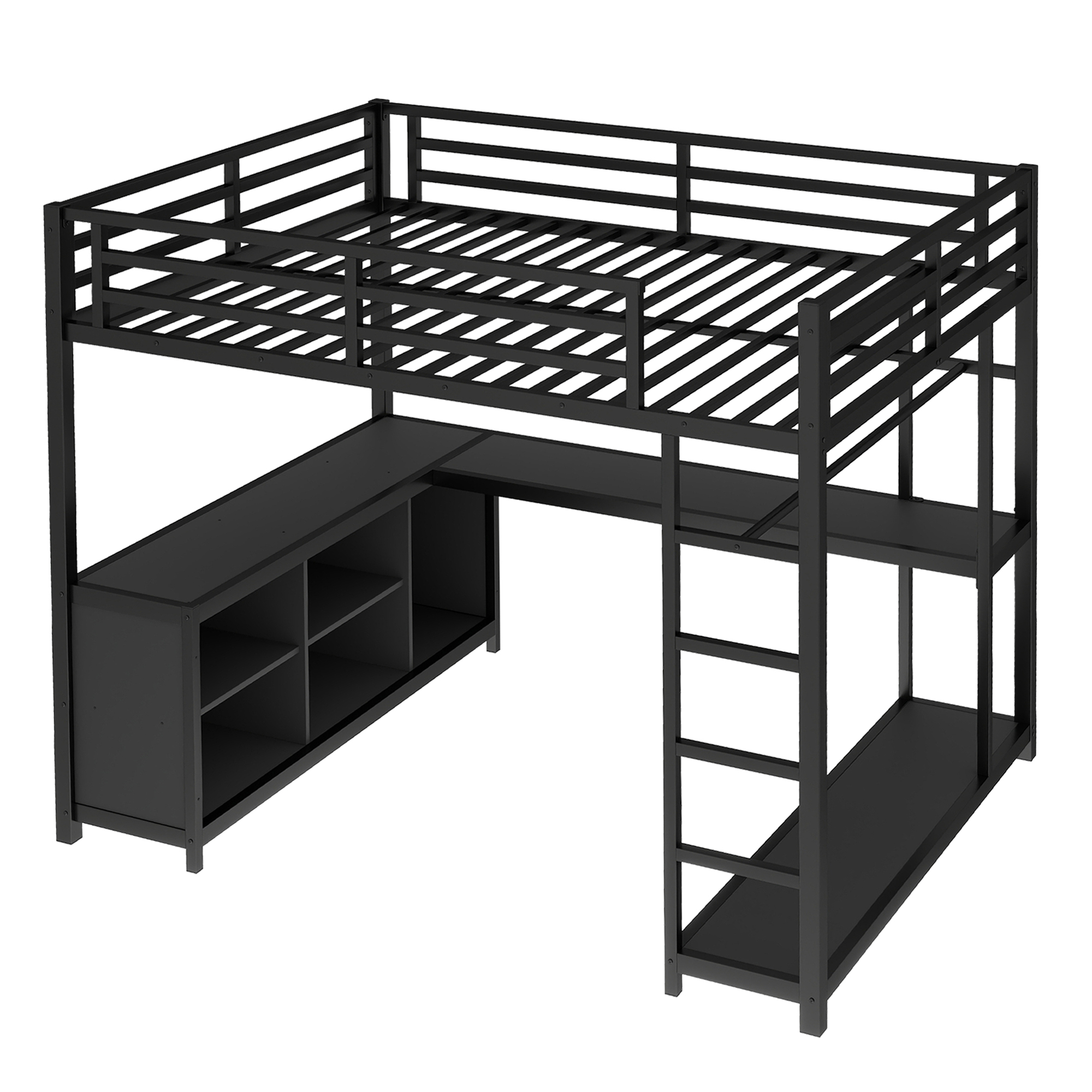 Metal Loft Bed with Wardrobe and L-shaped Desk, Queen Size Loft Bed with Storage Cubes and Shelves, Loft Bed for Kids Teens Adults, Black - Image 4