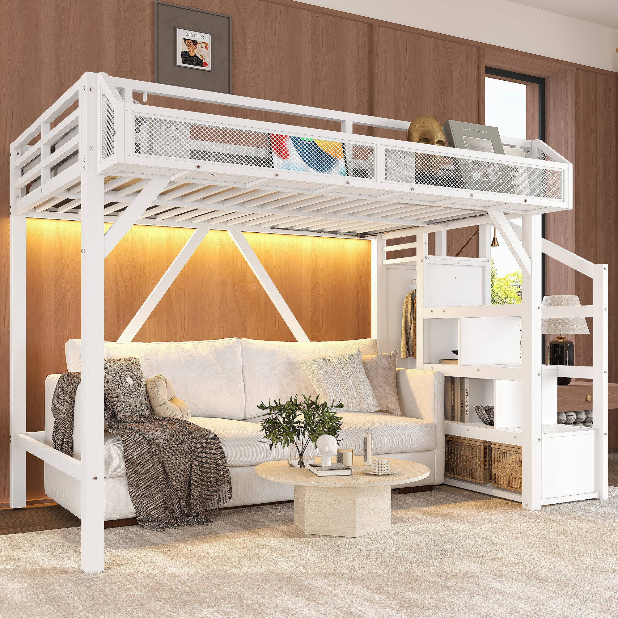 Twin XL Loft Bed with Storage Stairs, Shelves and Built-in Wardrobe, Metal Loft Bed Frame with USB Ports and LED Lights, Noise-reduced Design, White - Image 2
