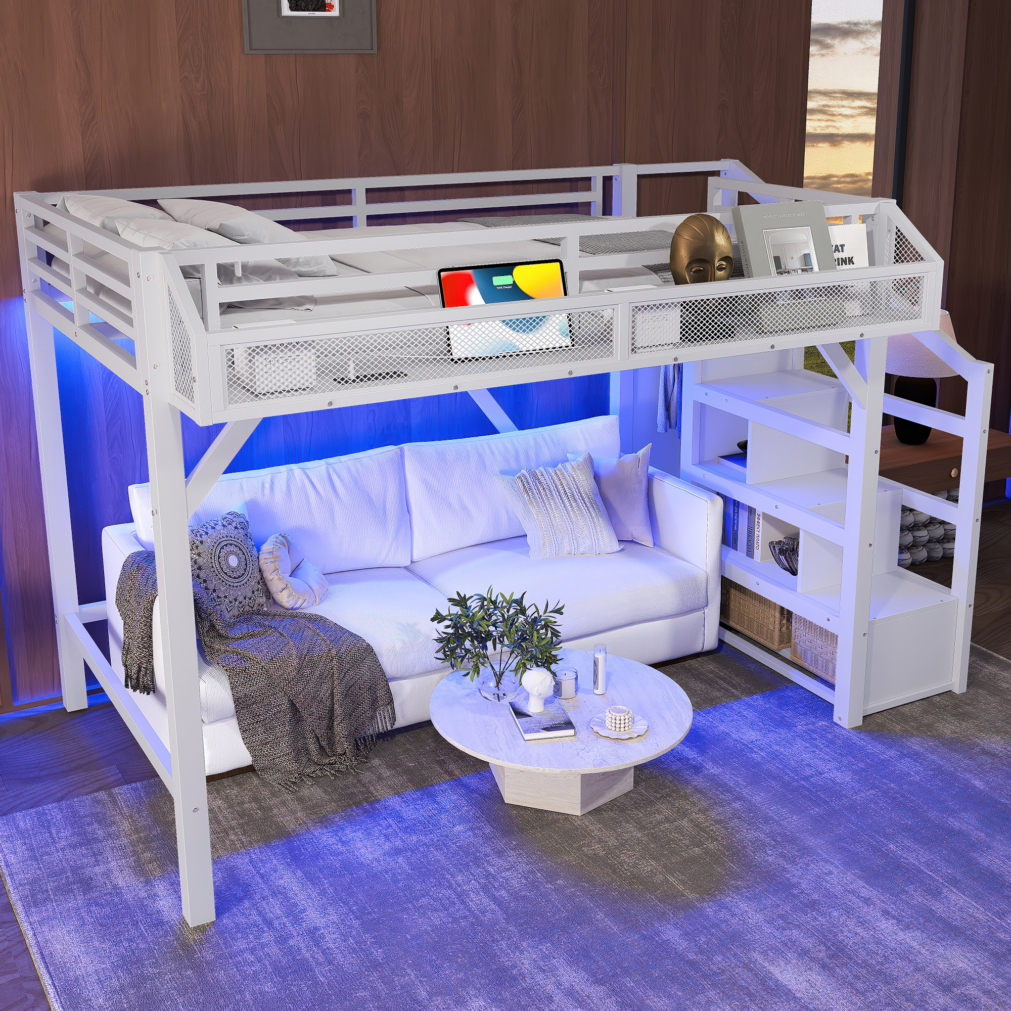 Twin XL Loft Bed with Storage Stairs, Shelves and Built-in Wardrobe, Metal Loft Bed Frame with USB Ports and LED Lights, Noise-reduced Design, White - Image 3