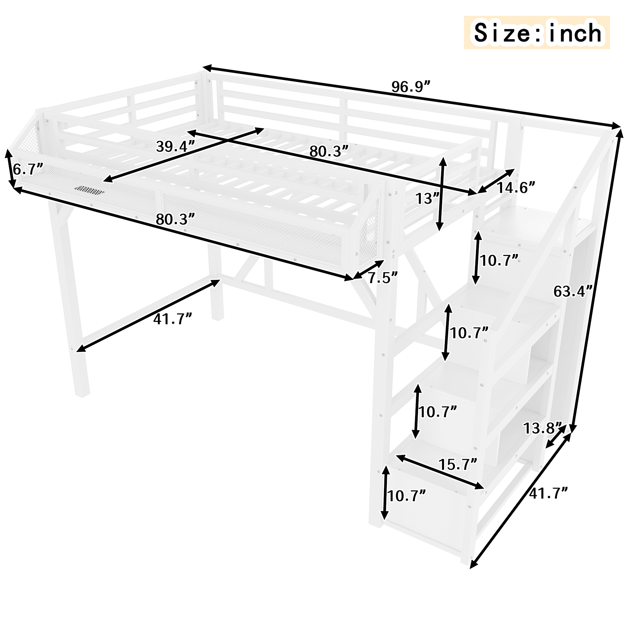 Twin XL Loft Bed with Storage Stairs, Shelves and Built-in Wardrobe, Metal Loft Bed Frame with USB Ports and LED Lights, Noise-reduced Design, White - Image 4