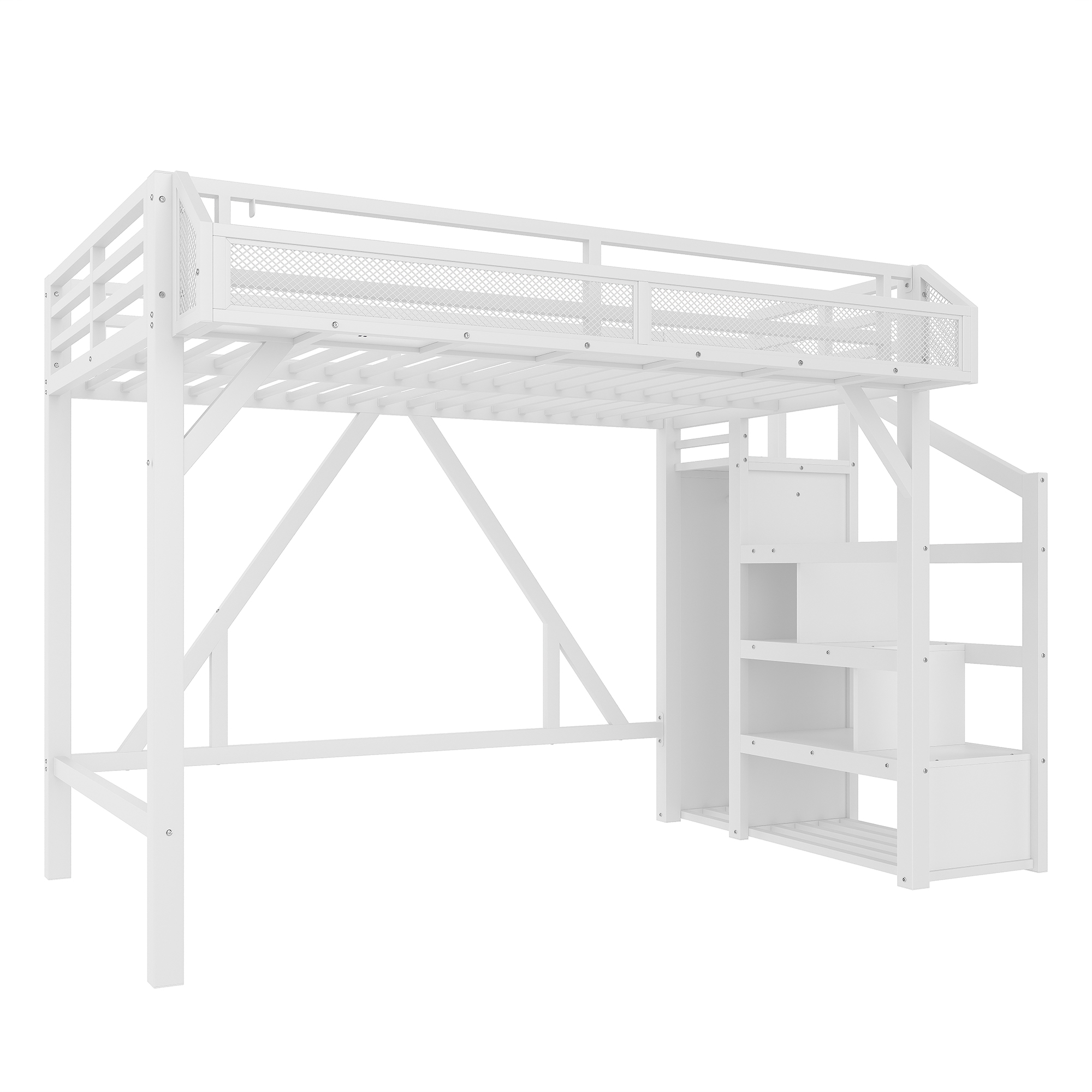 Twin XL Loft Bed with Storage Stairs, Shelves and Built-in Wardrobe, Metal Loft Bed Frame with USB Ports and LED Lights, Noise-reduced Design, White - Image 5