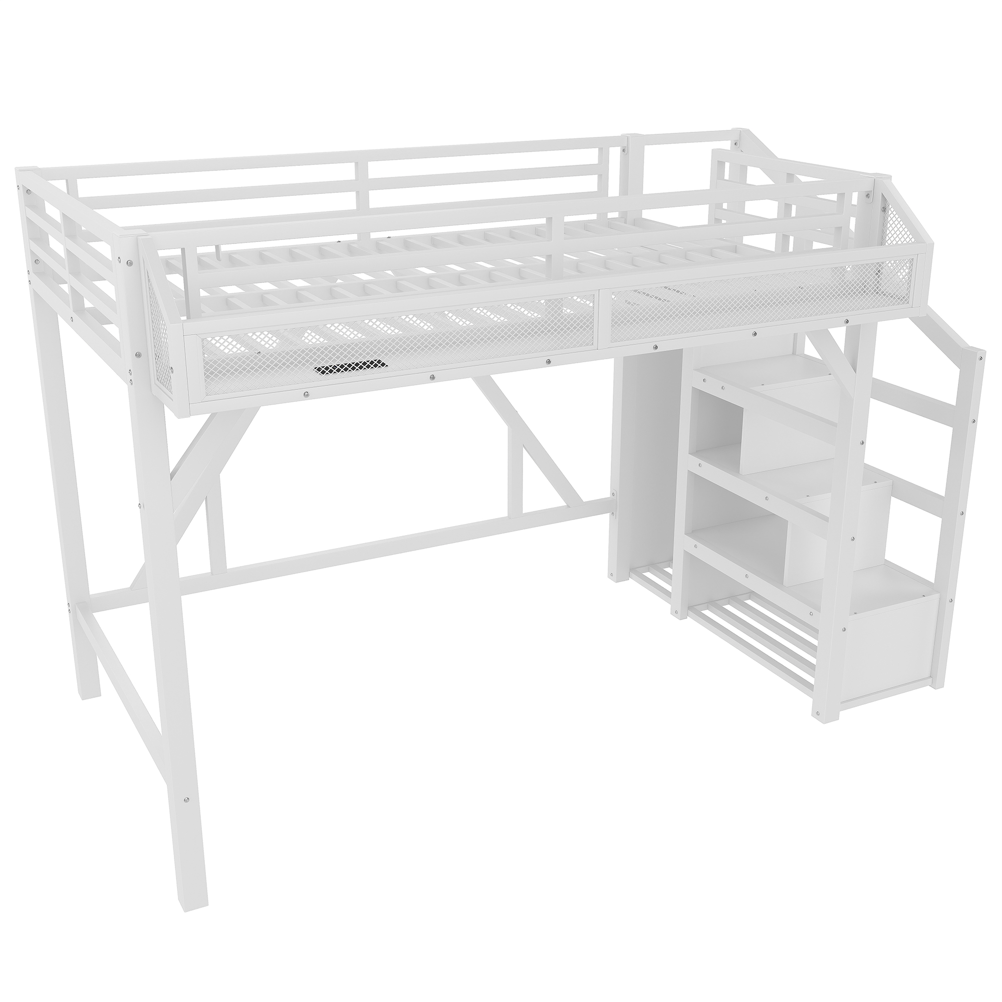 Twin XL Loft Bed with Storage Stairs, Shelves and Built-in Wardrobe, Metal Loft Bed Frame with USB Ports and LED Lights, Noise-reduced Design, White - Image 6