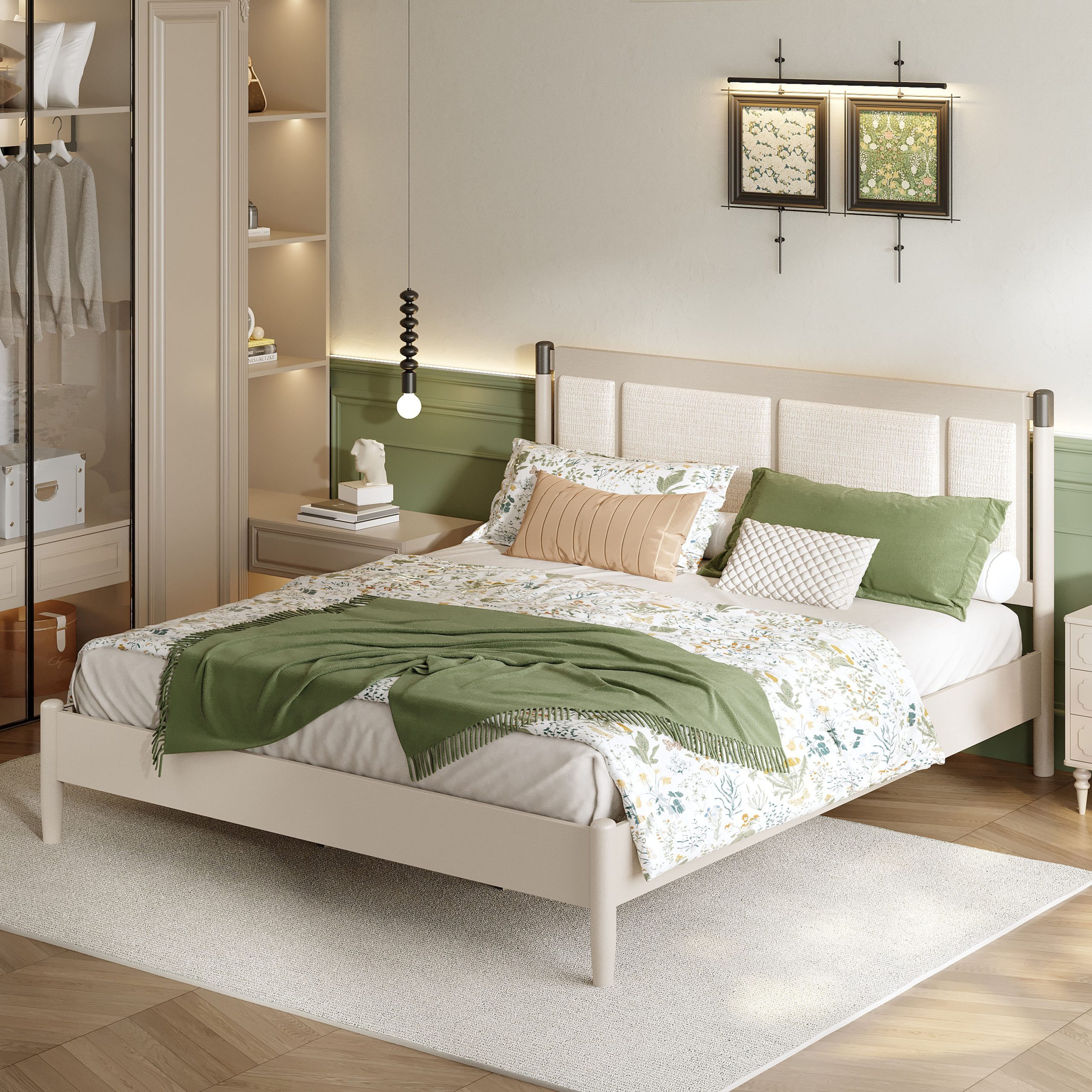 Solid Wood King Bed, Heavy Duty 600 lbs Support, No Box Spring Needed, Grey Upholstered Headboard with Metal Handles - Image 1