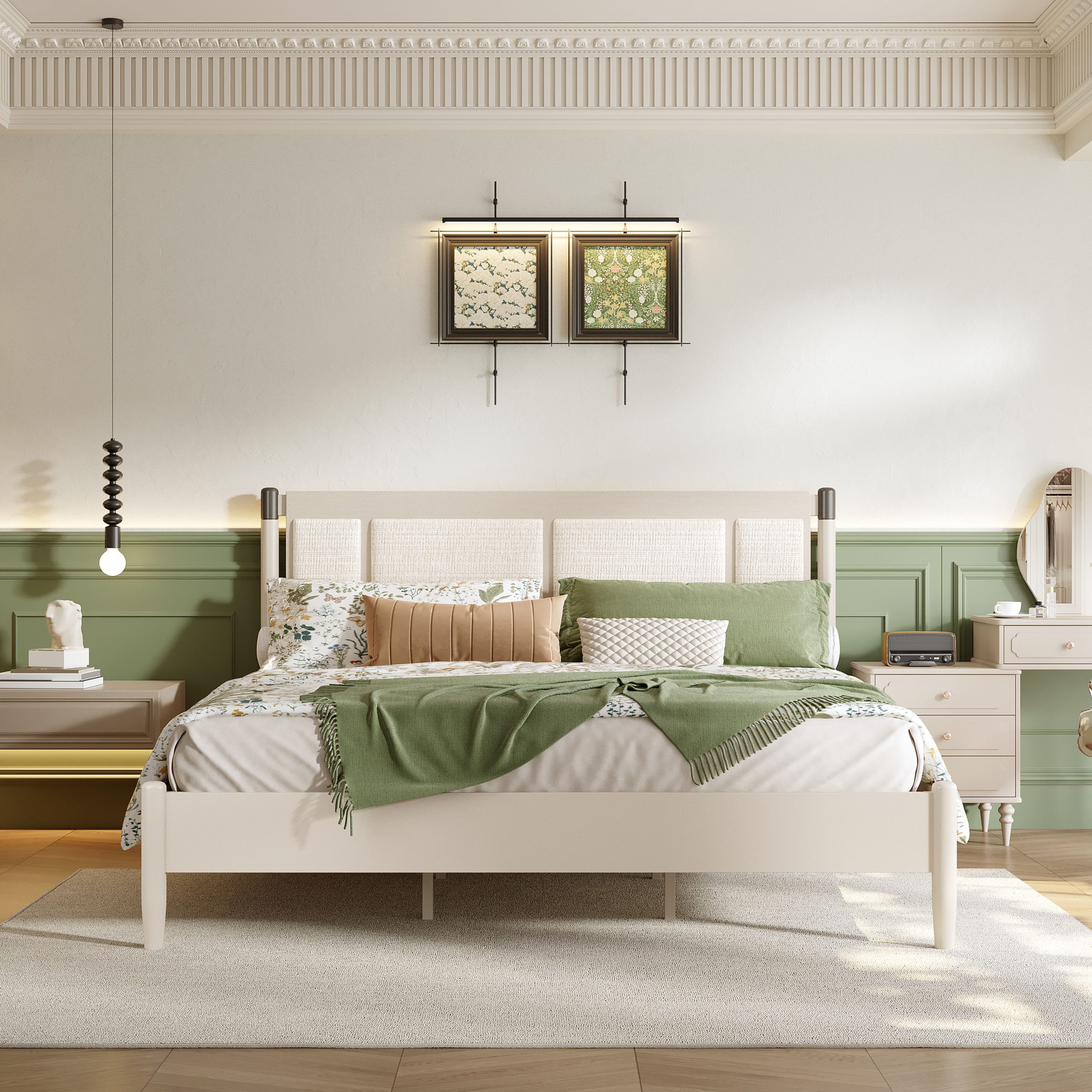 Solid Wood King Bed, Heavy Duty 600 lbs Support, No Box Spring Needed, Grey Upholstered Headboard with Metal Handles - Image 2