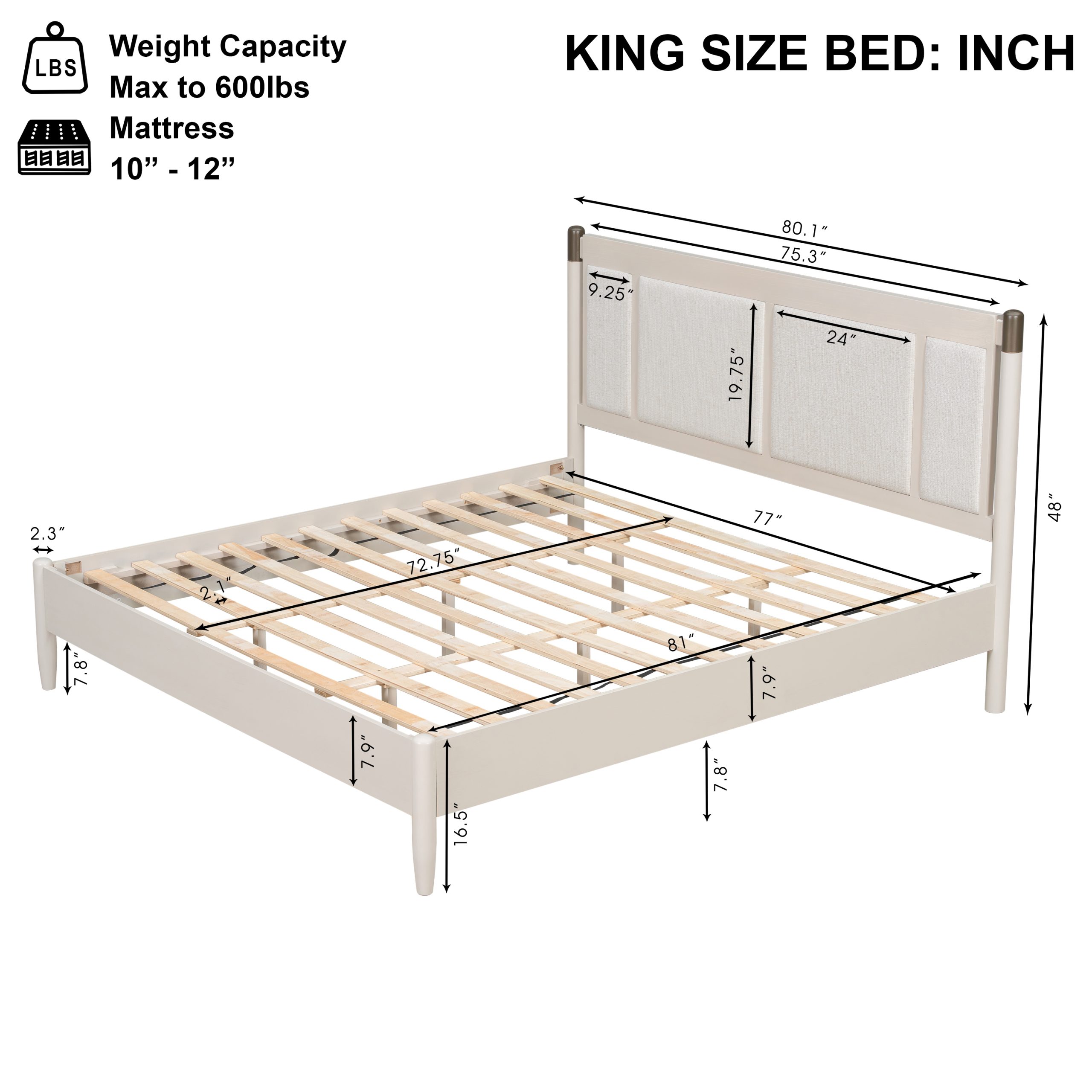 Solid Wood King Bed, Heavy Duty 600 lbs Support, No Box Spring Needed, Grey Upholstered Headboard with Metal Handles - Image 3