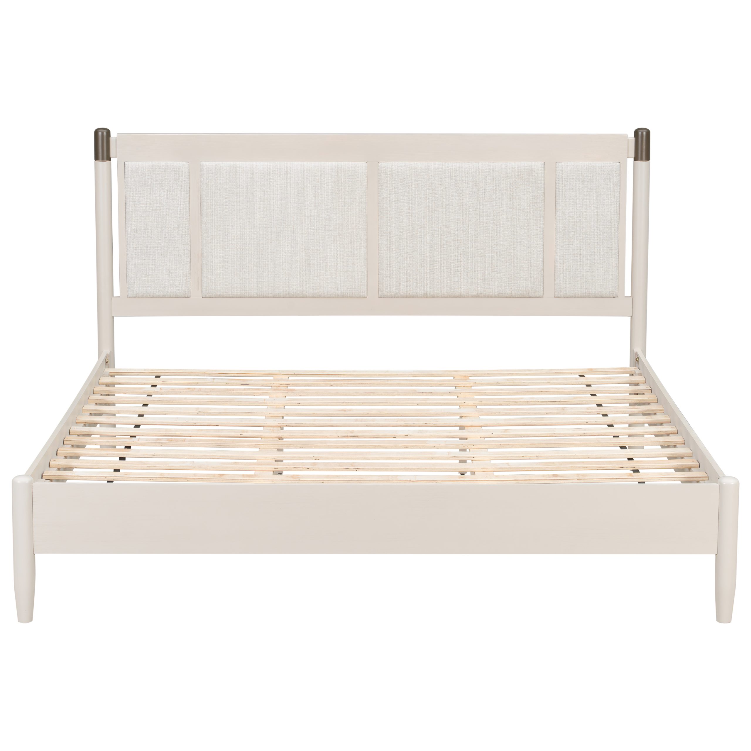 Solid Wood King Bed, Heavy Duty 600 lbs Support, No Box Spring Needed, Grey Upholstered Headboard with Metal Handles - Image 4