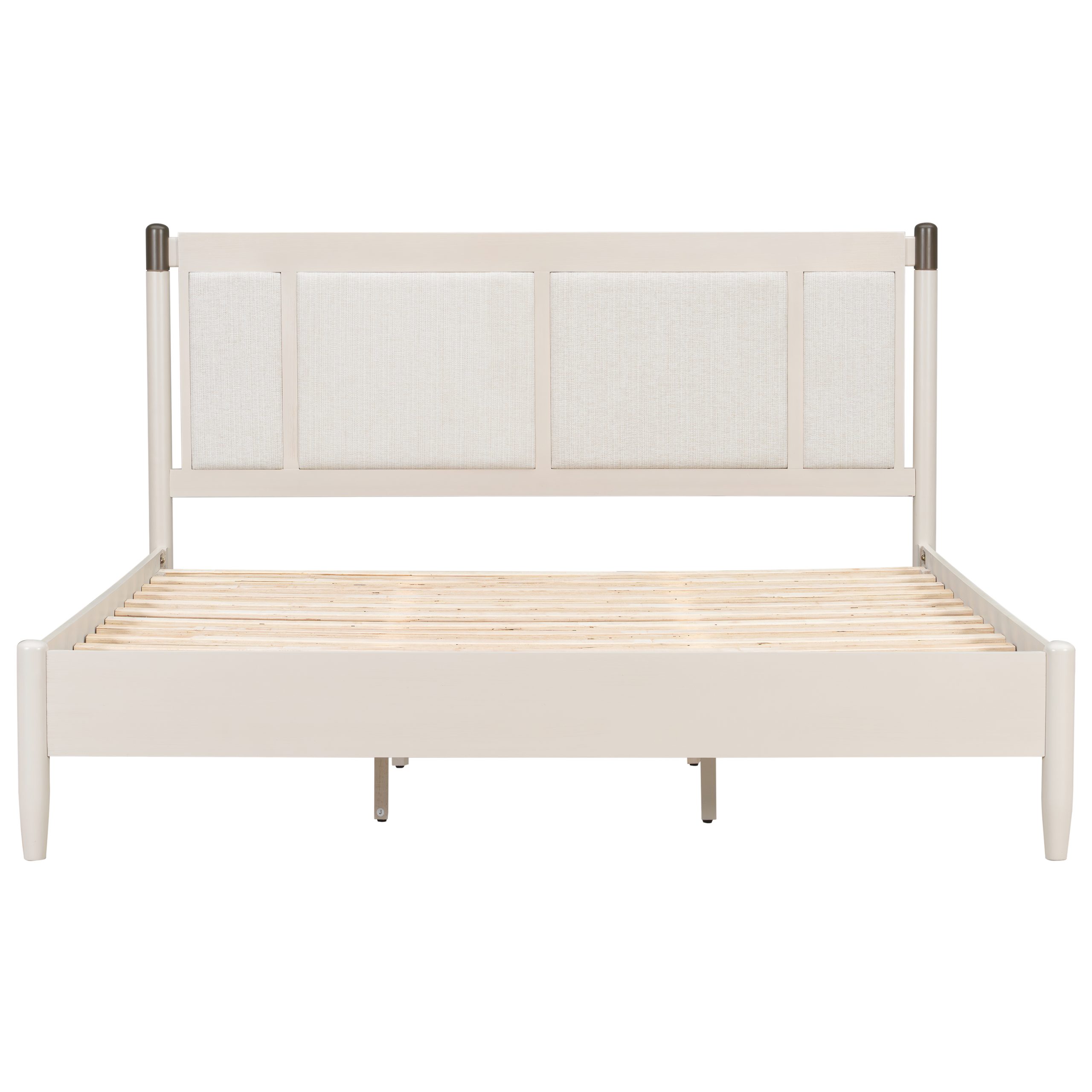 Solid Wood King Bed, Heavy Duty 600 lbs Support, No Box Spring Needed, Grey Upholstered Headboard with Metal Handles - Image 5