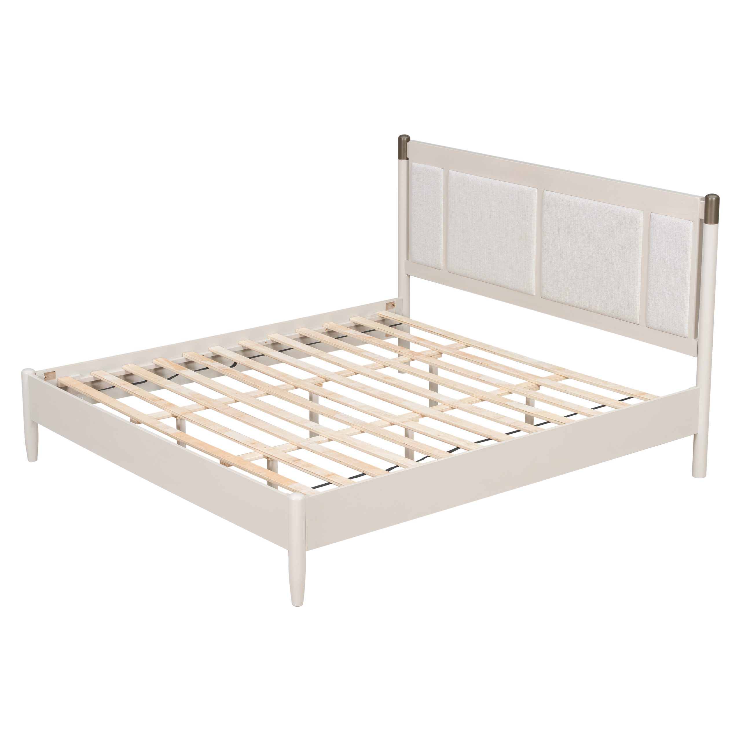 Solid Wood King Bed, Heavy Duty 600 lbs Support, No Box Spring Needed, Grey Upholstered Headboard with Metal Handles - Image 6