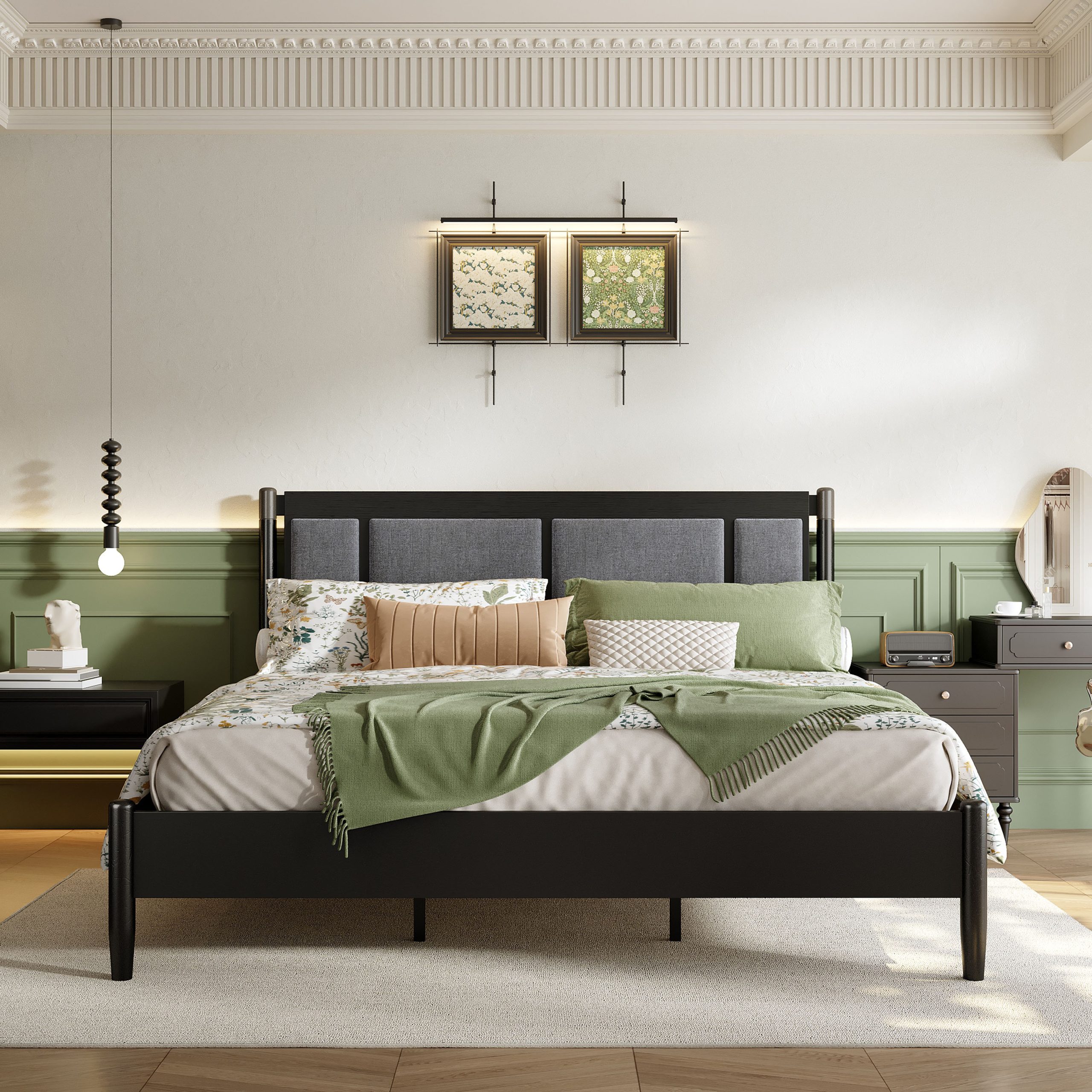 Solid Wood King Bed, Heavy Duty 600 lbs Support, No Box Spring Needed, Black Upholstered Headboard with Metal Handles - Image 2