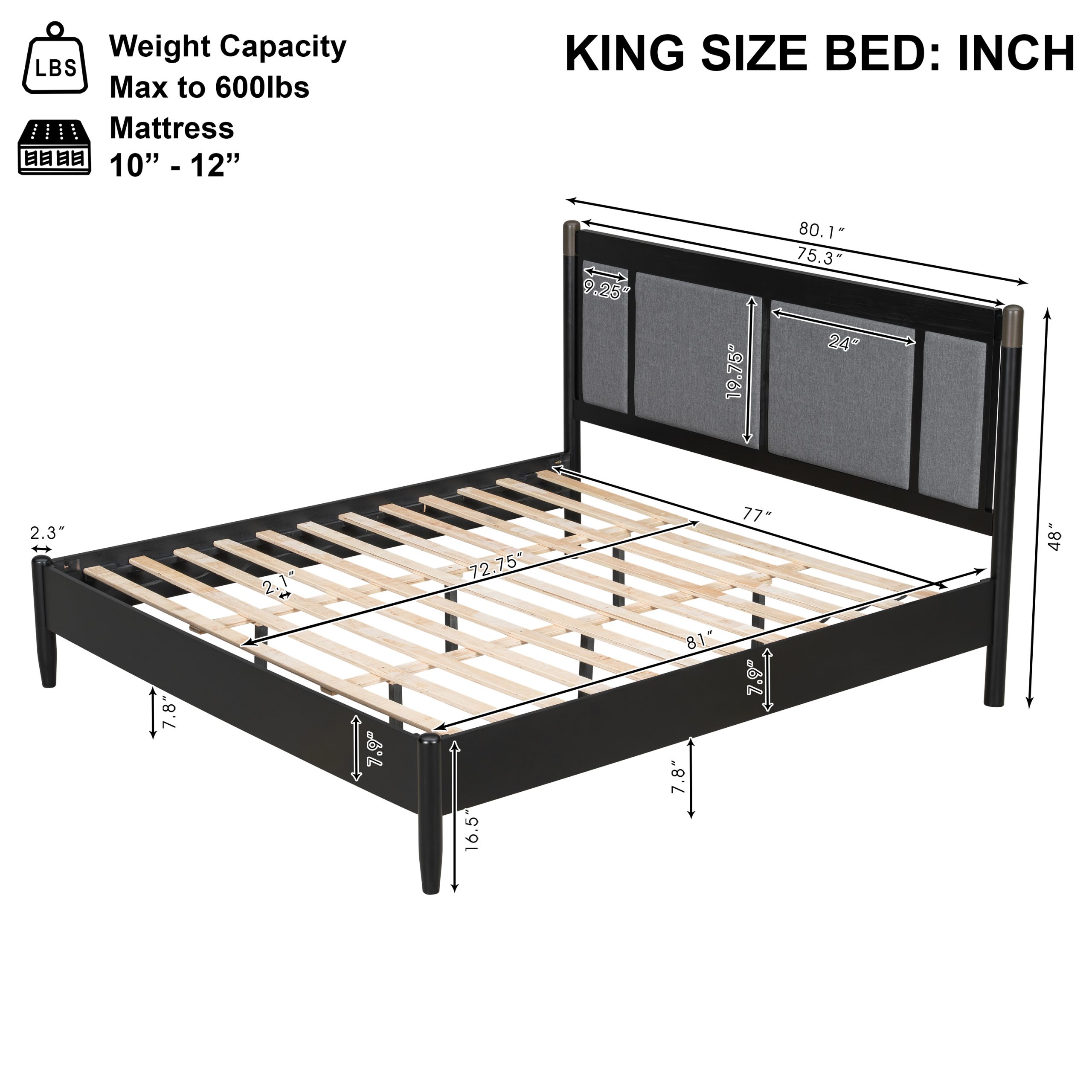 Solid Wood King Bed, Heavy Duty 600 lbs Support, No Box Spring Needed, Black Upholstered Headboard with Metal Handles - Image 3