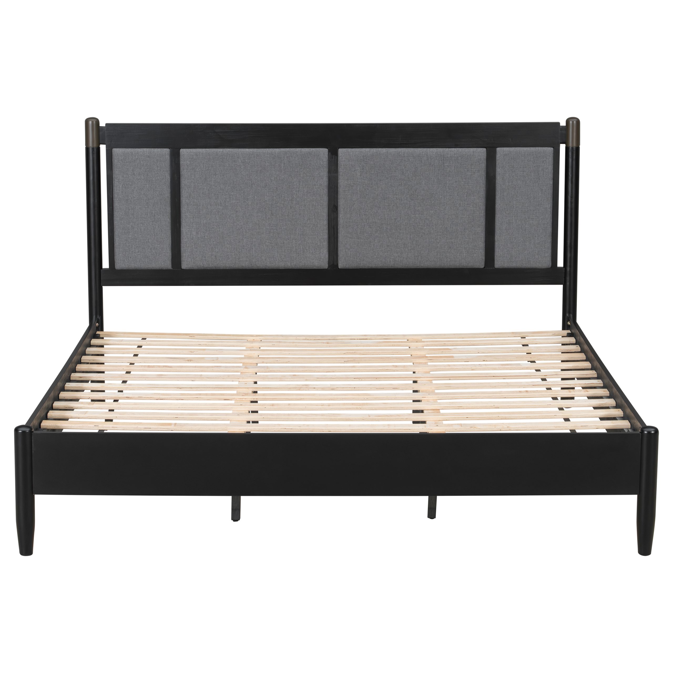 Solid Wood King Bed, Heavy Duty 600 lbs Support, No Box Spring Needed, Black Upholstered Headboard with Metal Handles - Image 4
