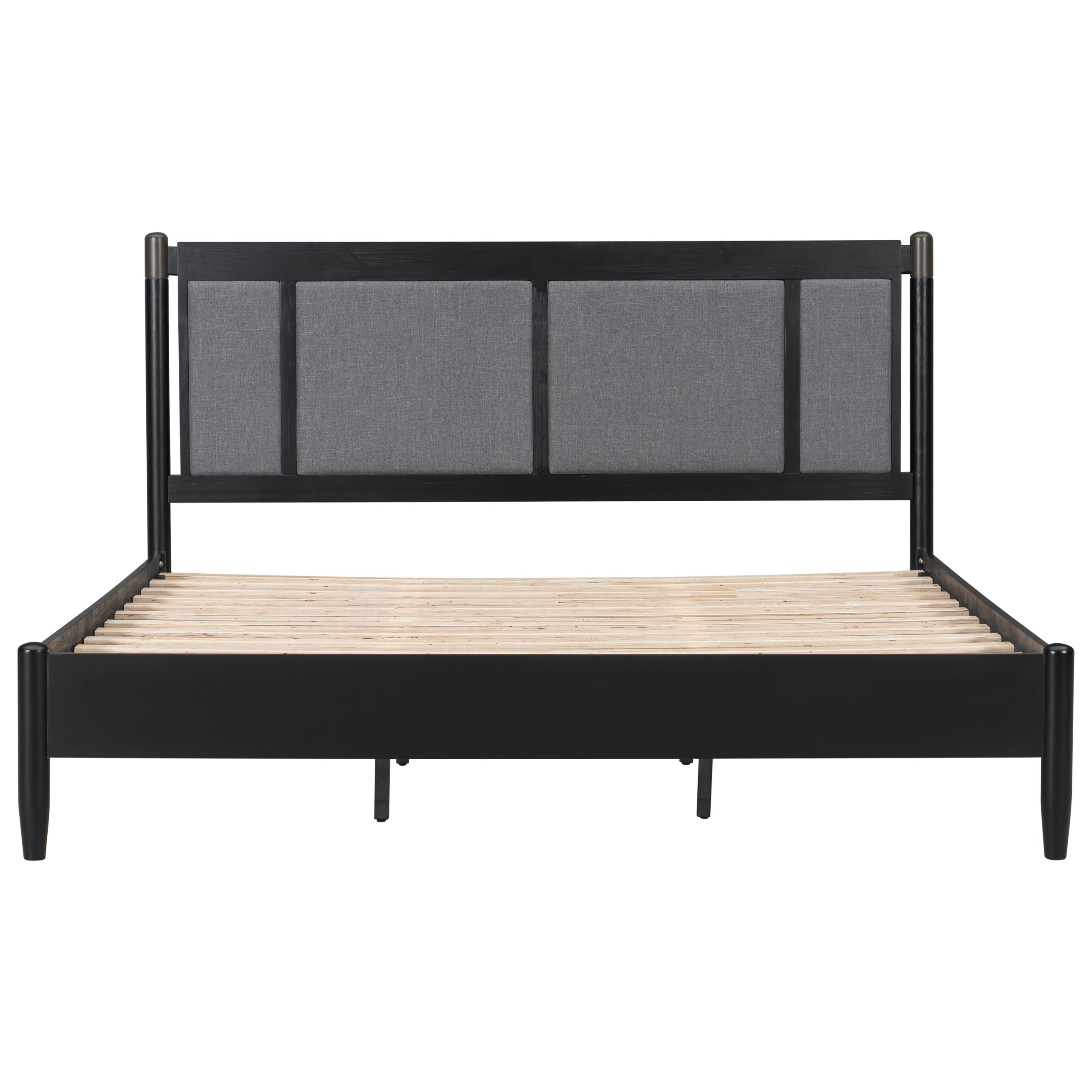Solid Wood King Bed, Heavy Duty 600 lbs Support, No Box Spring Needed, Black Upholstered Headboard with Metal Handles - Image 5