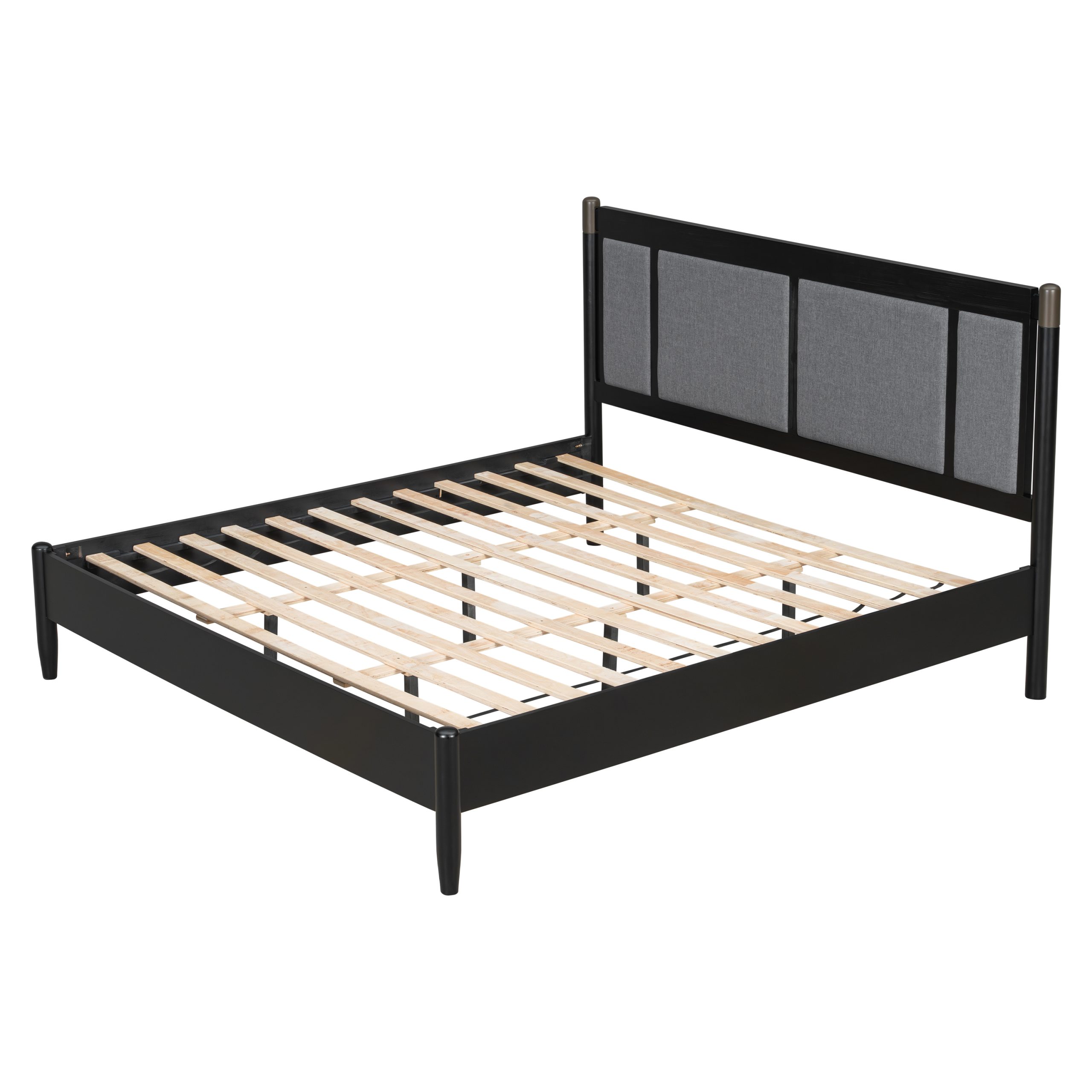 Solid Wood King Bed, Heavy Duty 600 lbs Support, No Box Spring Needed, Black Upholstered Headboard with Metal Handles - Image 6
