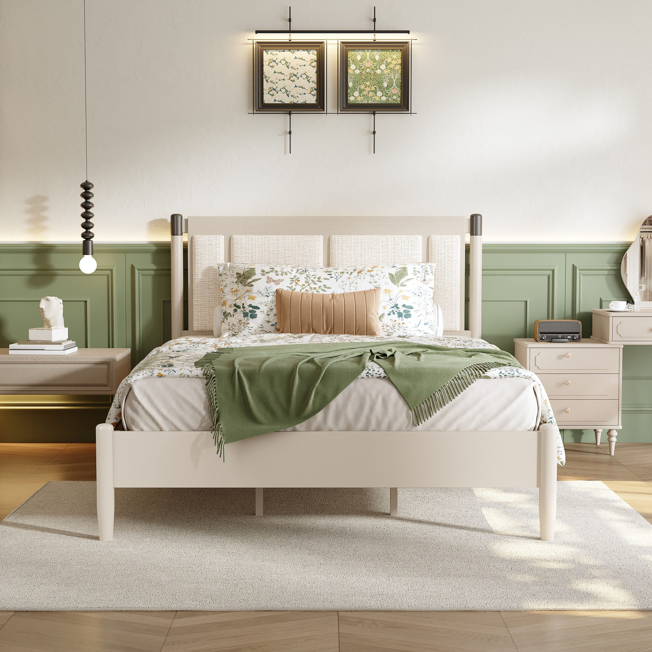 Solid Wood Queen Bed, Heavy Duty 500 lbs Support, No Box Spring Needed, grey Upholstered Headboard with Metal Handles - Image 2