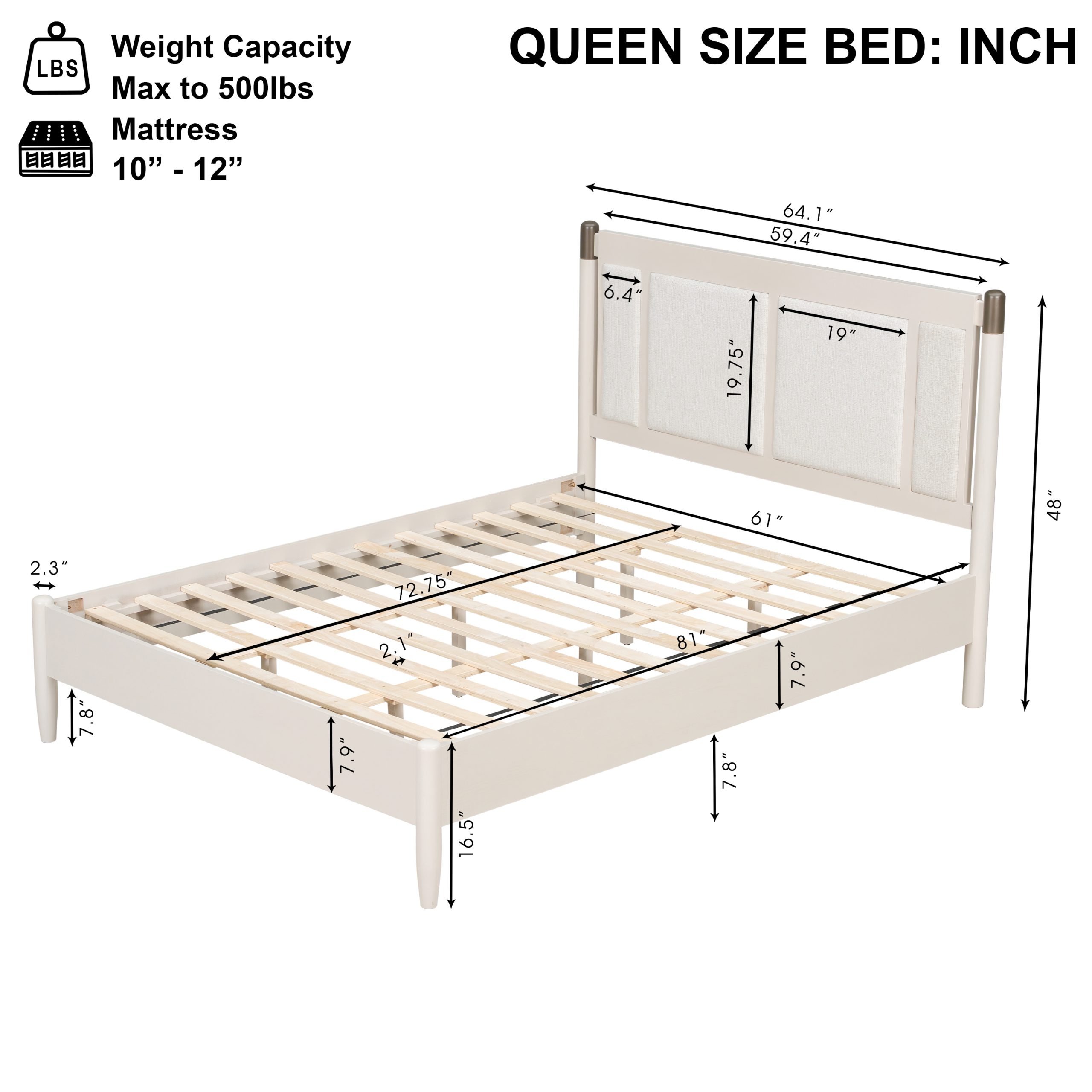 Solid Wood Queen Bed, Heavy Duty 500 lbs Support, No Box Spring Needed, grey Upholstered Headboard with Metal Handles - Image 3