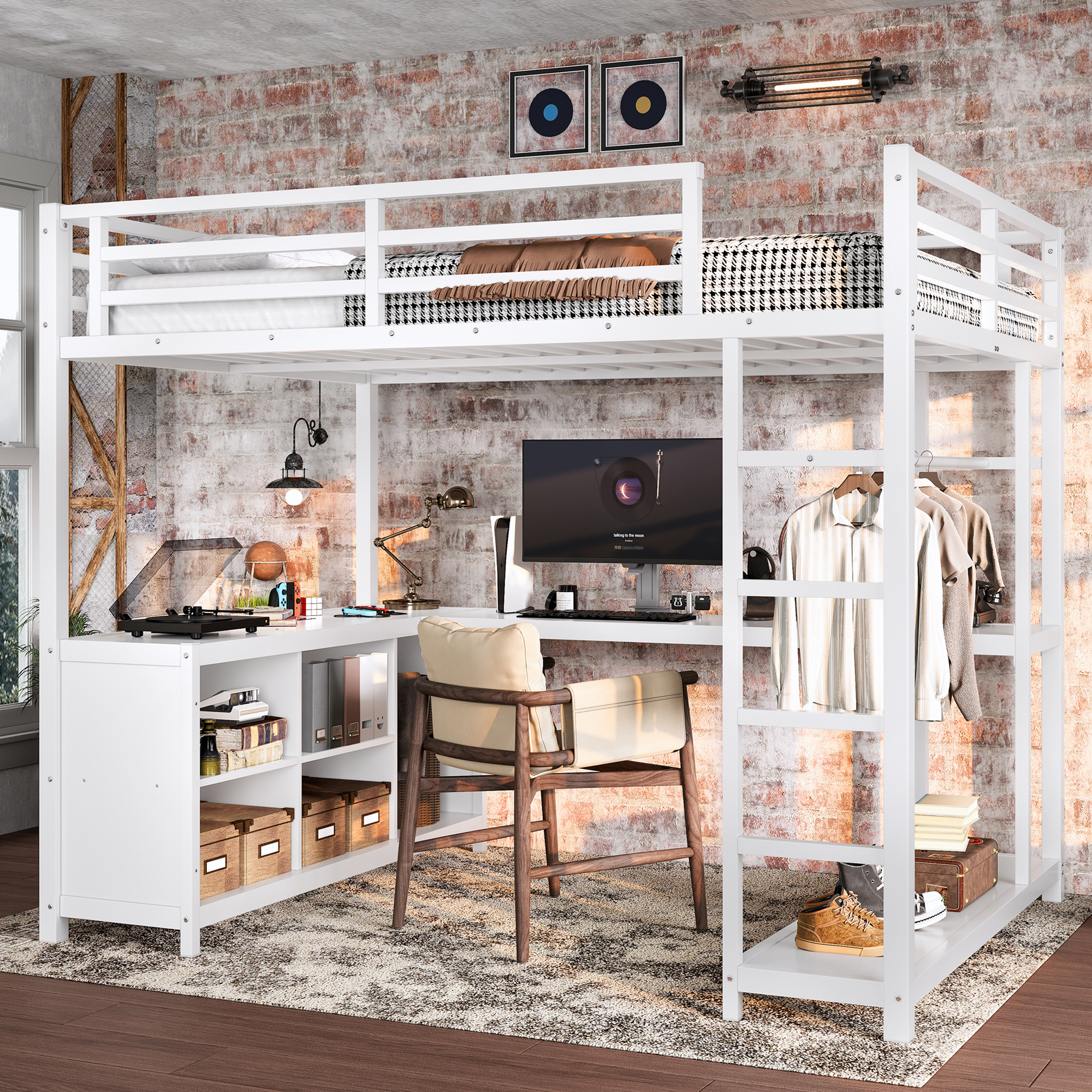 Metal Loft Bed with Wardrobe and L-shaped Desk, Full Size Loft Bed with Storage Cubes and Shelves, Loft Bed for Kids Teens Adults, White - Image 1
