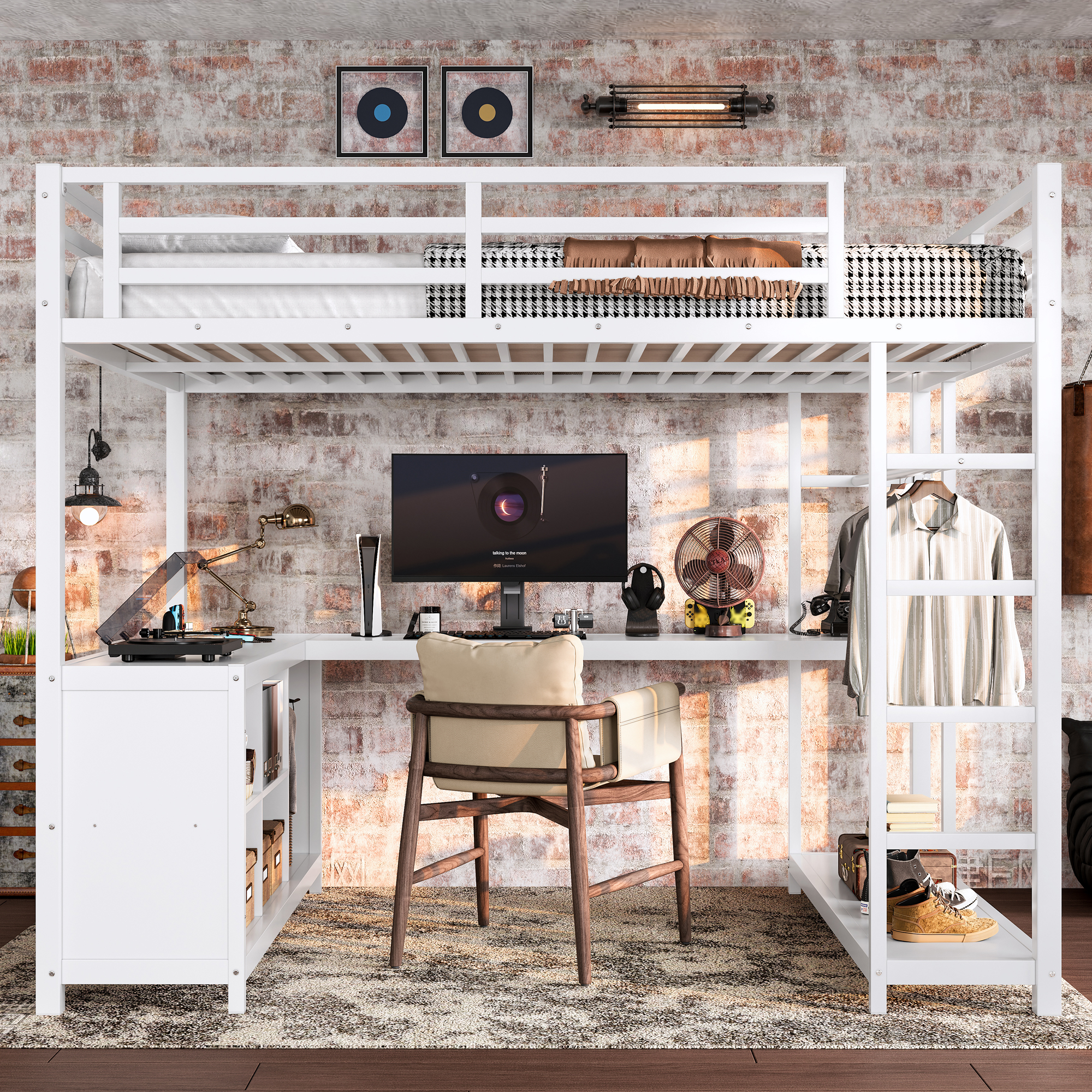 Metal Loft Bed with Wardrobe and L-shaped Desk, Full Size Loft Bed with Storage Cubes and Shelves, Loft Bed for Kids Teens Adults, White - Image 2