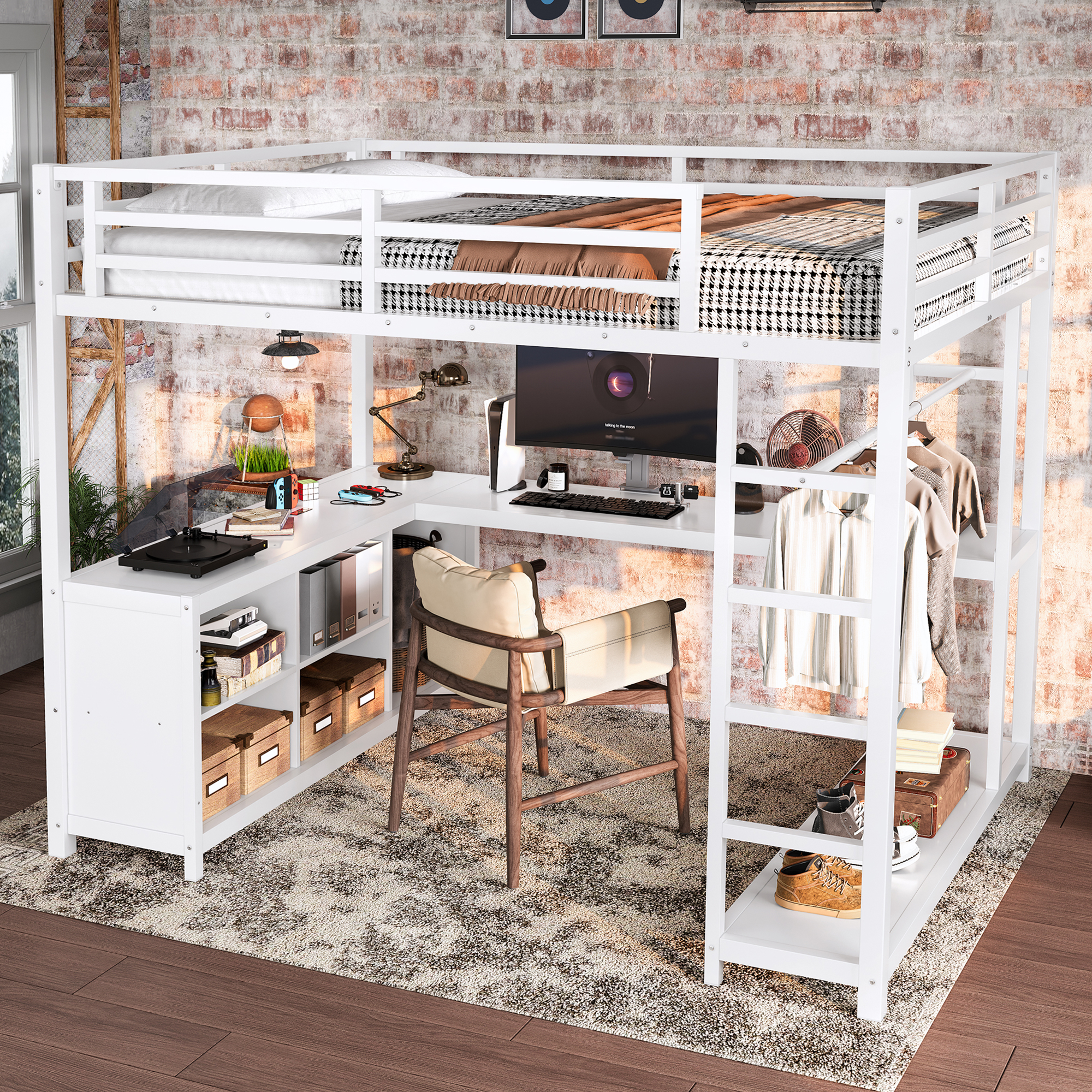 Metal Loft Bed with Wardrobe and L-shaped Desk, Full Size Loft Bed with Storage Cubes and Shelves, Loft Bed for Kids Teens Adults, White - Image 3