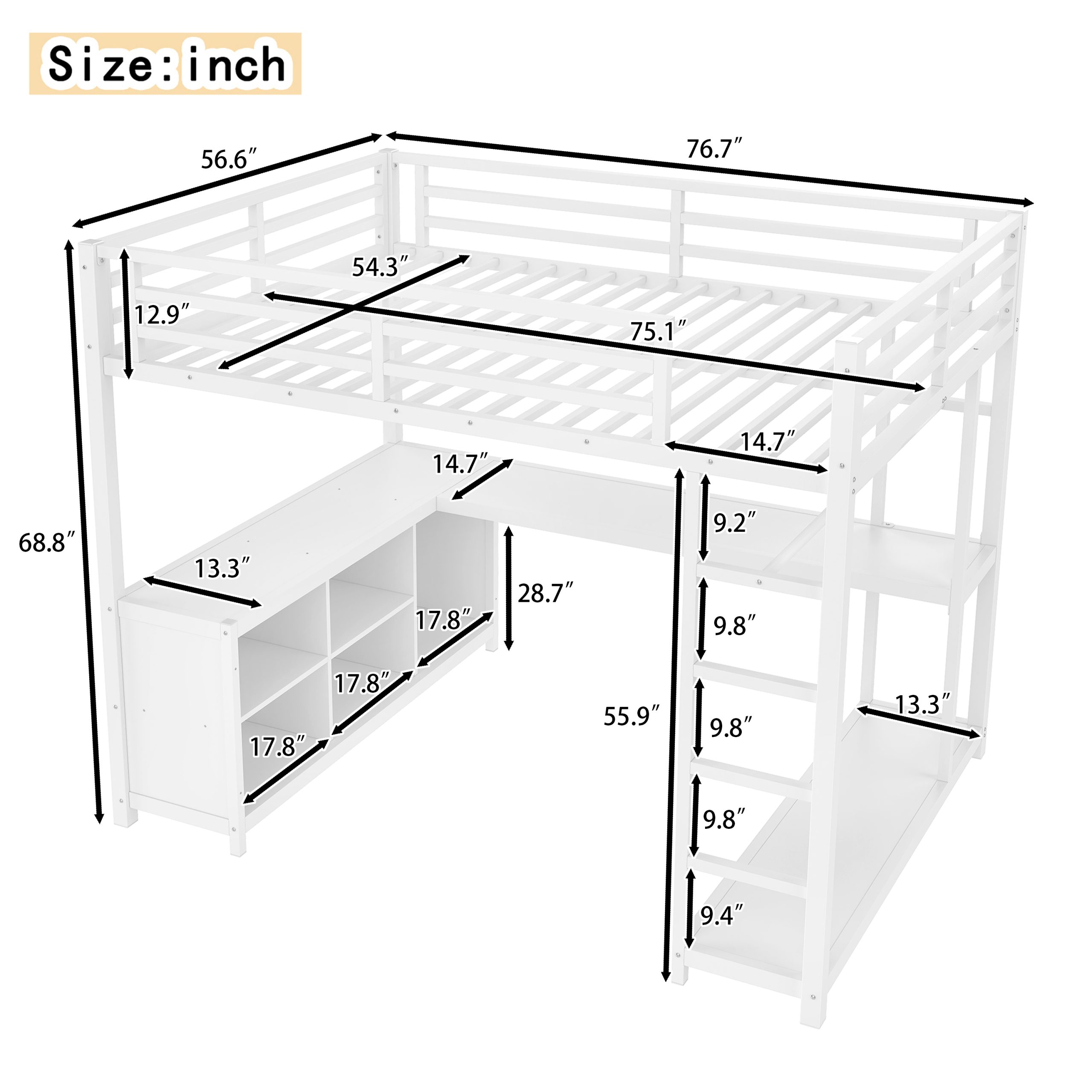 Metal Loft Bed with Wardrobe and L-shaped Desk, Full Size Loft Bed with Storage Cubes and Shelves, Loft Bed for Kids Teens Adults, White - Image 4