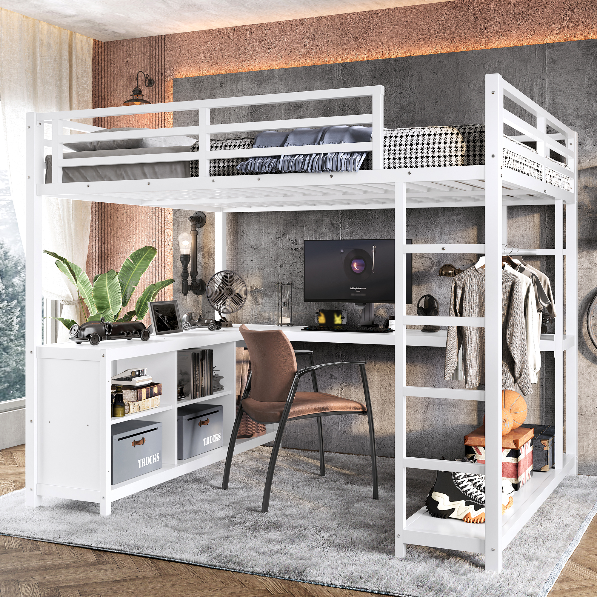 Metal Loft Bed with Wardrobe and L-shaped Desk, Queen Size Loft Bed with Storage Cubes and Shelves, Loft Bed for Kids Teens Adults, White - Image 1