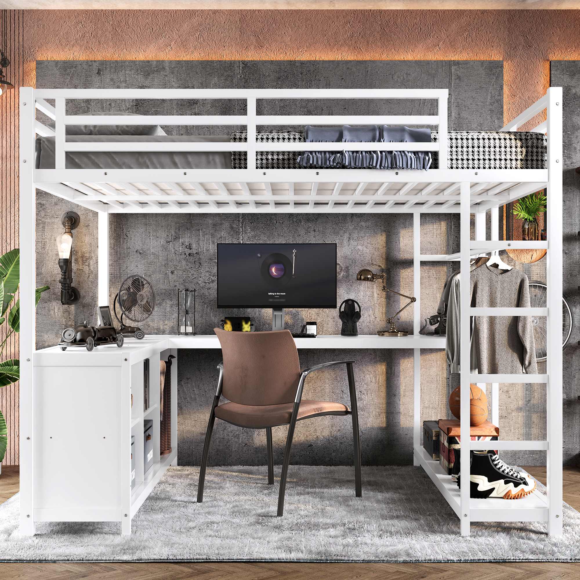 Metal Loft Bed with Wardrobe and L-shaped Desk, Queen Size Loft Bed with Storage Cubes and Shelves, Loft Bed for Kids Teens Adults, White - Image 2
