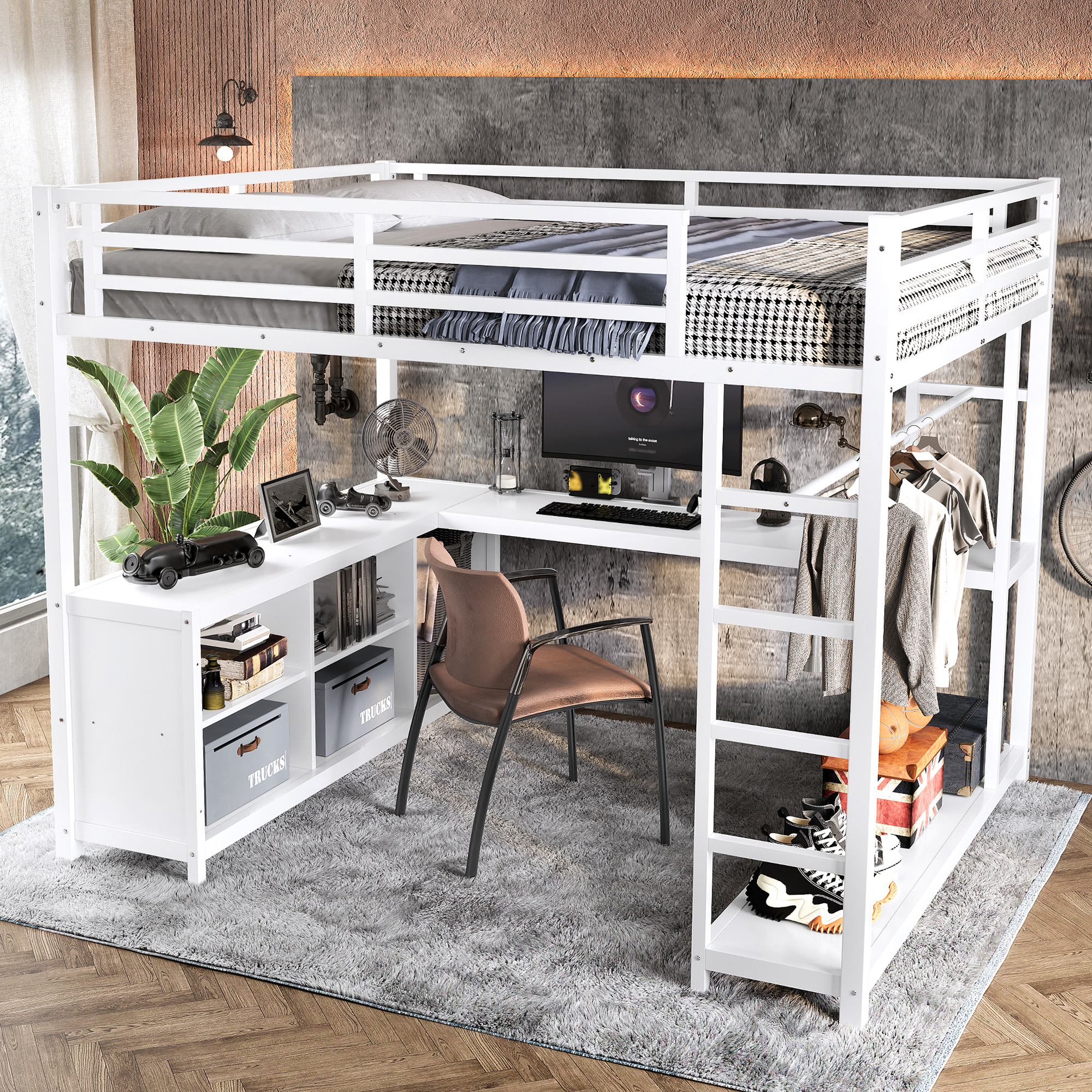 Metal Loft Bed with Wardrobe and L-shaped Desk, Queen Size Loft Bed with Storage Cubes and Shelves, Loft Bed for Kids Teens Adults, White - Image 3