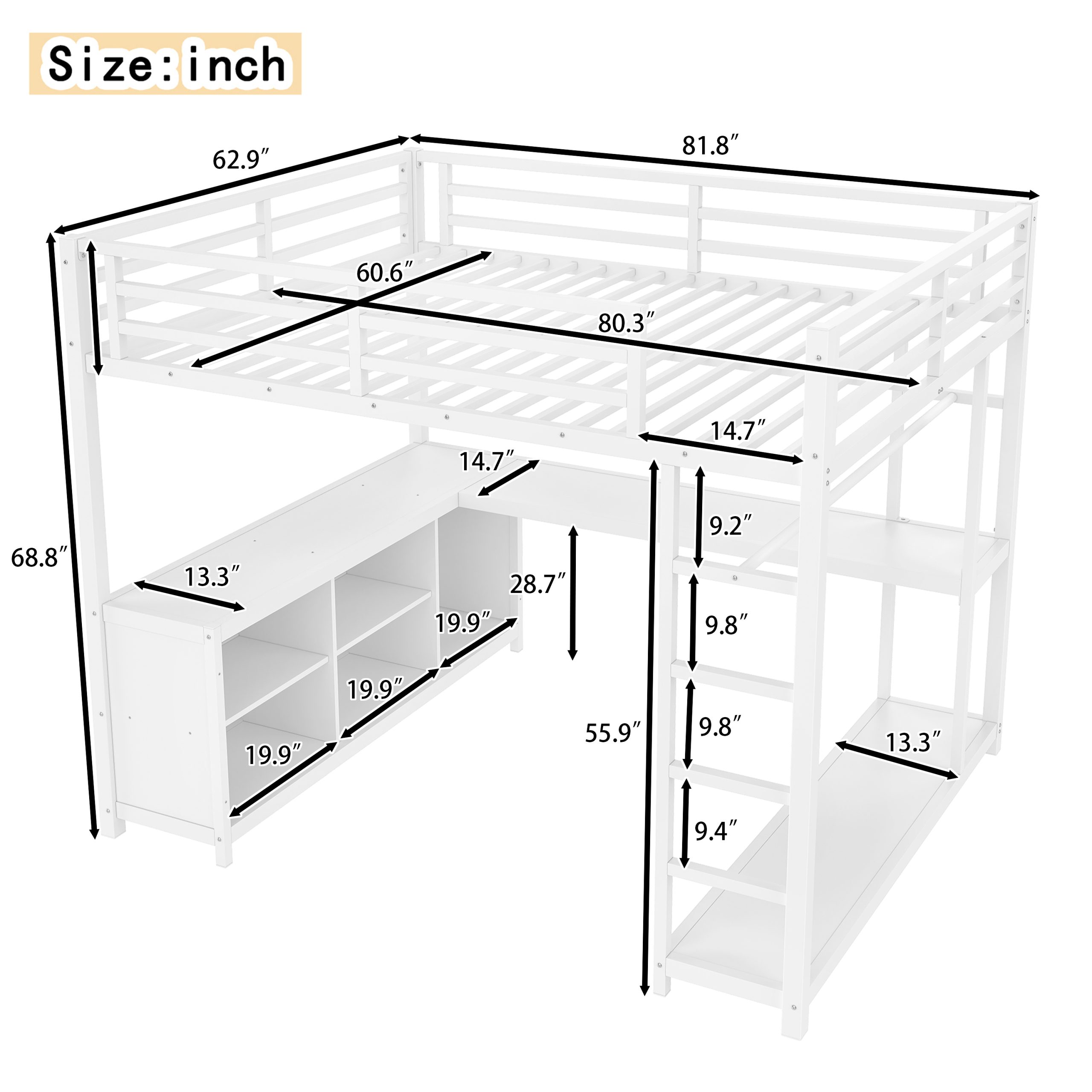 Metal Loft Bed with Wardrobe and L-shaped Desk, Queen Size Loft Bed with Storage Cubes and Shelves, Loft Bed for Kids Teens Adults, White - Image 4