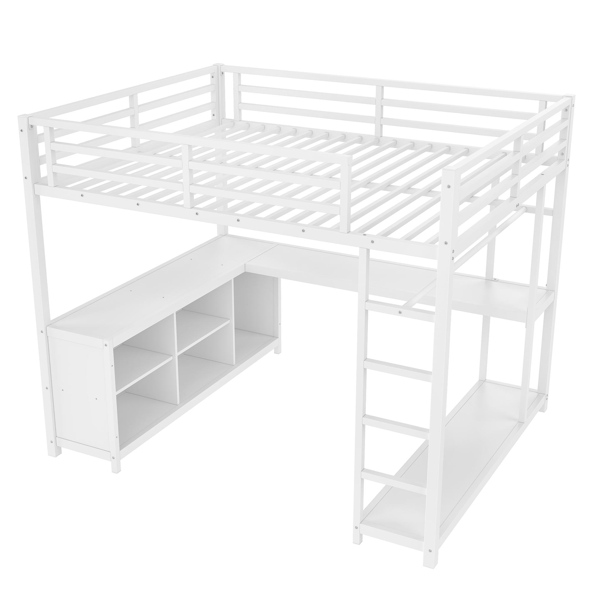 Metal Loft Bed with Wardrobe and L-shaped Desk, Queen Size Loft Bed with Storage Cubes and Shelves, Loft Bed for Kids Teens Adults, White - Image 5